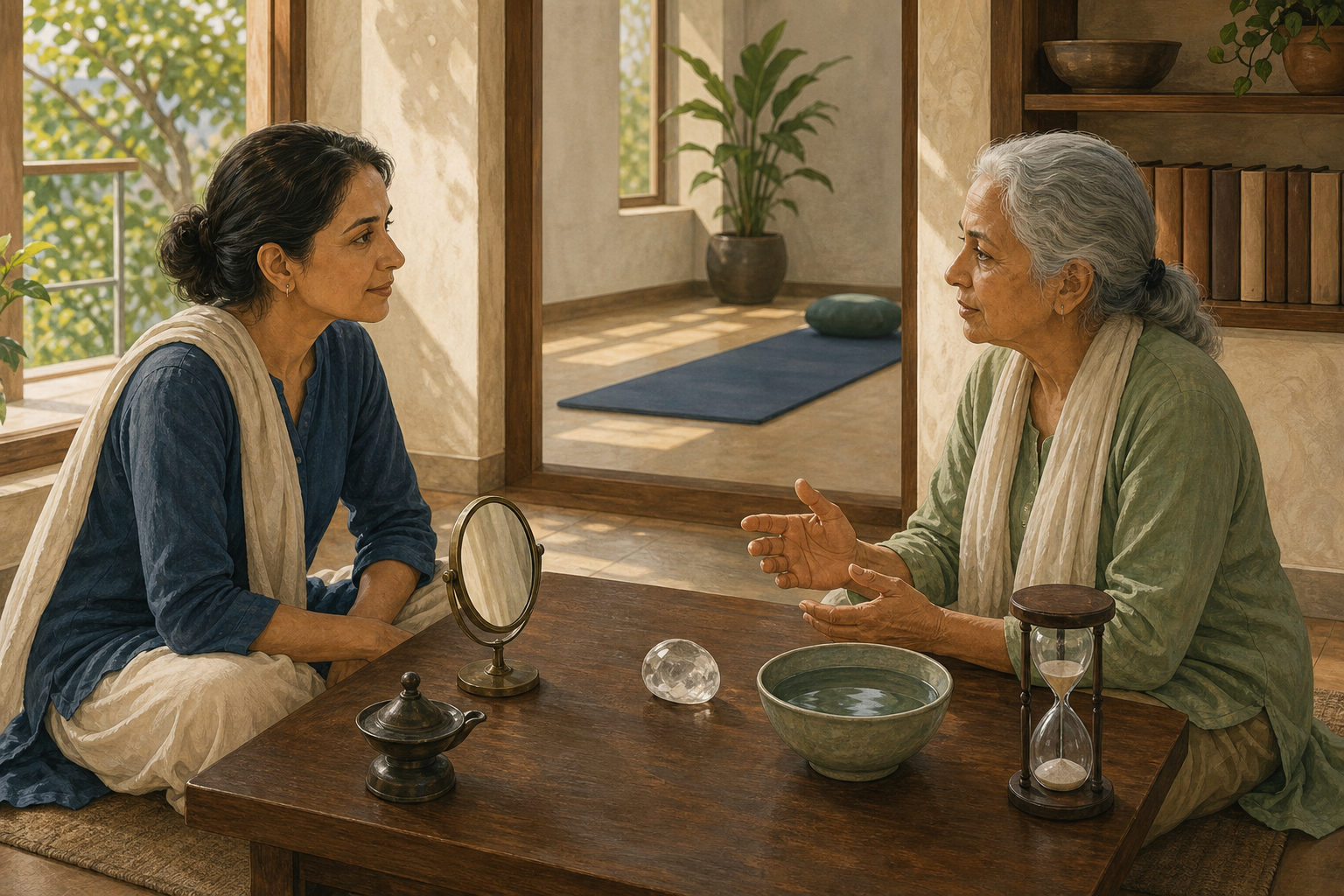 Two practitioners discuss a translucent stone at a low table holding a mirror, a bowl of water, a lamp, and an hourglass.