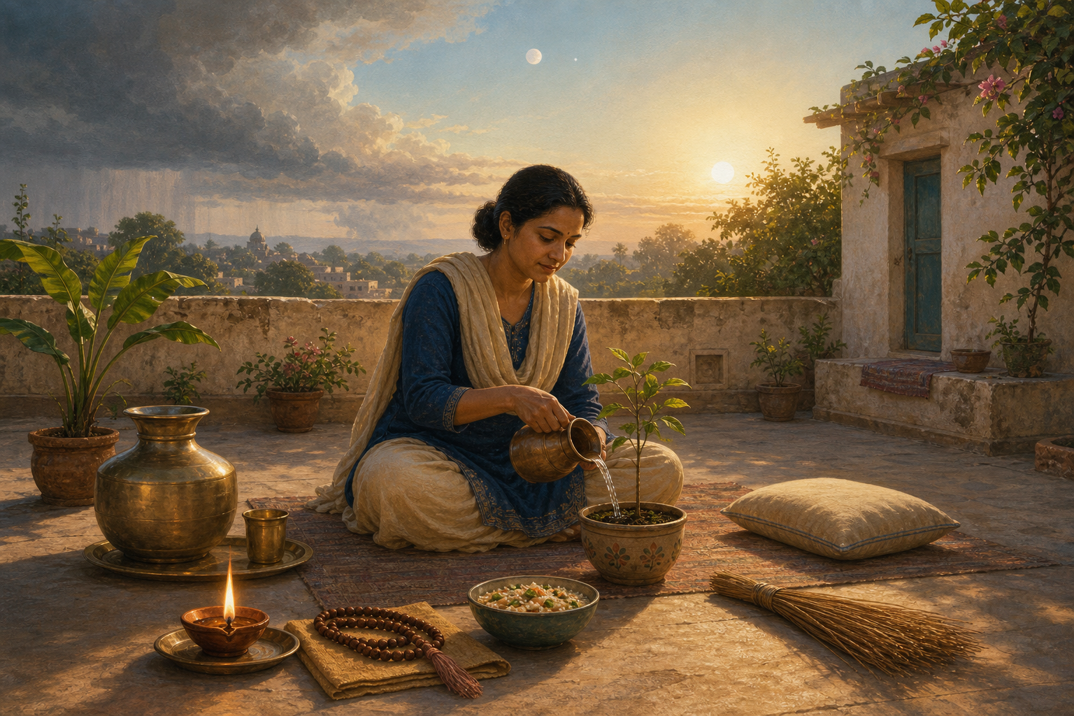 A person follows a quiet sunrise routine beside a lamp, water vessel, prayer beads, food, broom, and a plant in a domestic courtyard.