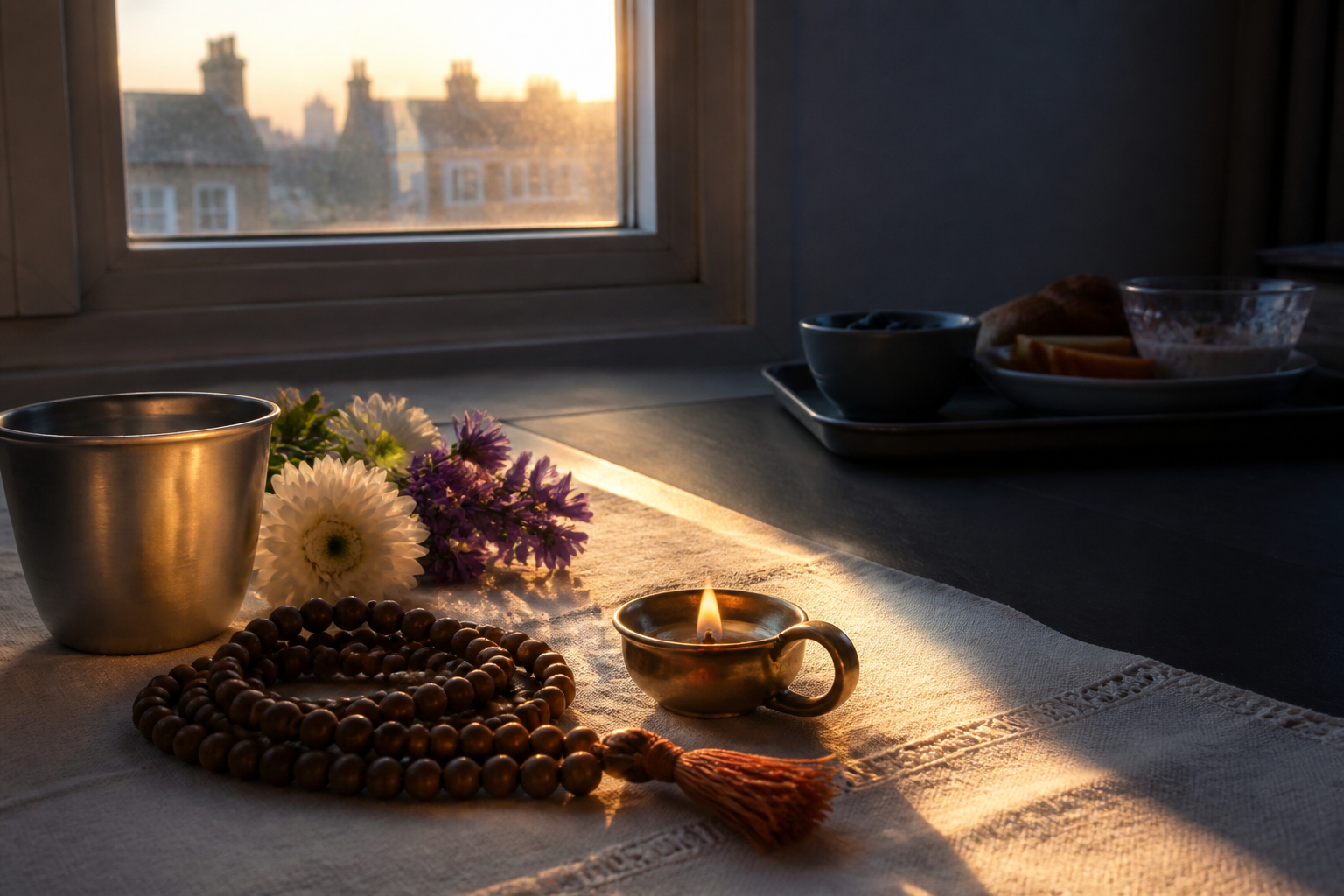 Prayer beads, flowers, a brass oil lamp, and a metal cup sit in morning light with an untouched breakfast tray in the background.