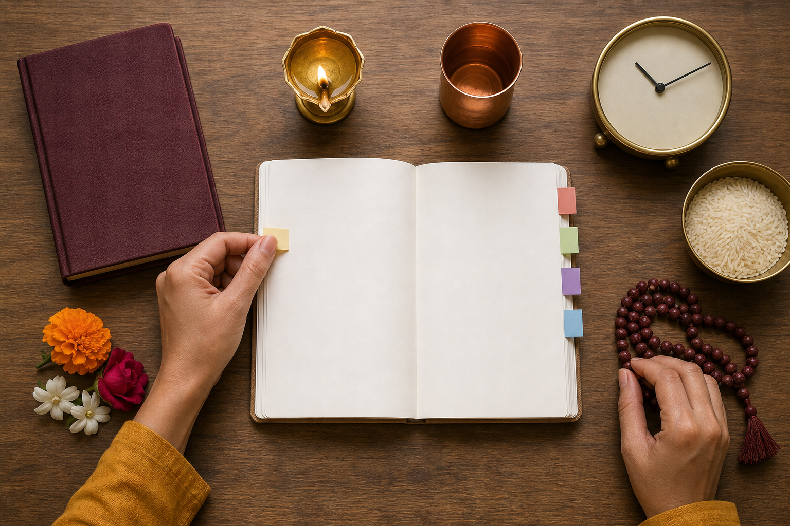 Hands arrange blank color tabs in an unmarked planner beside prayer beads, a diya, a copper cup and flowers.