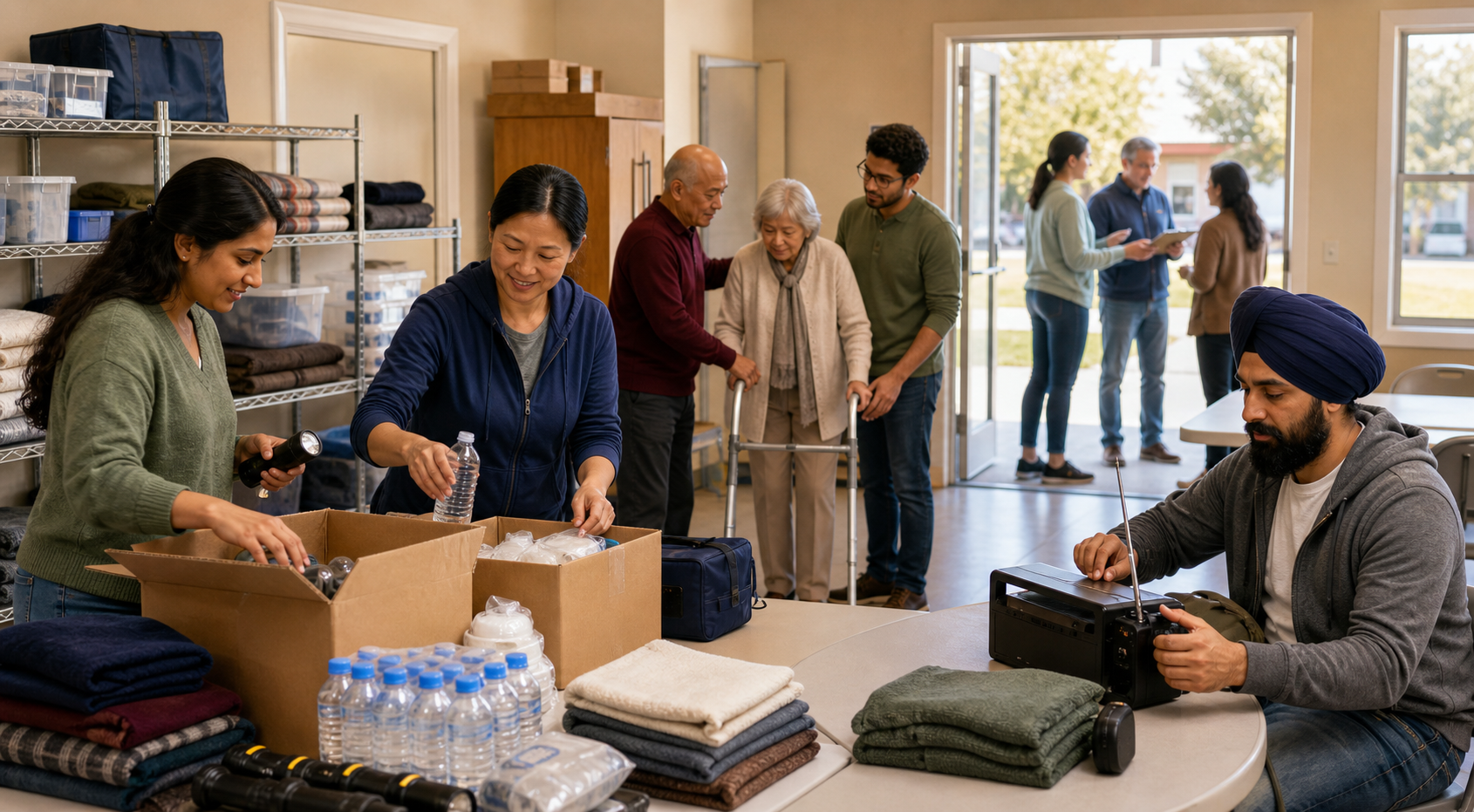 Volunteers organize emergency supplies, practice helping an older adult and prepare for neighborhood welfare checks in a community center.