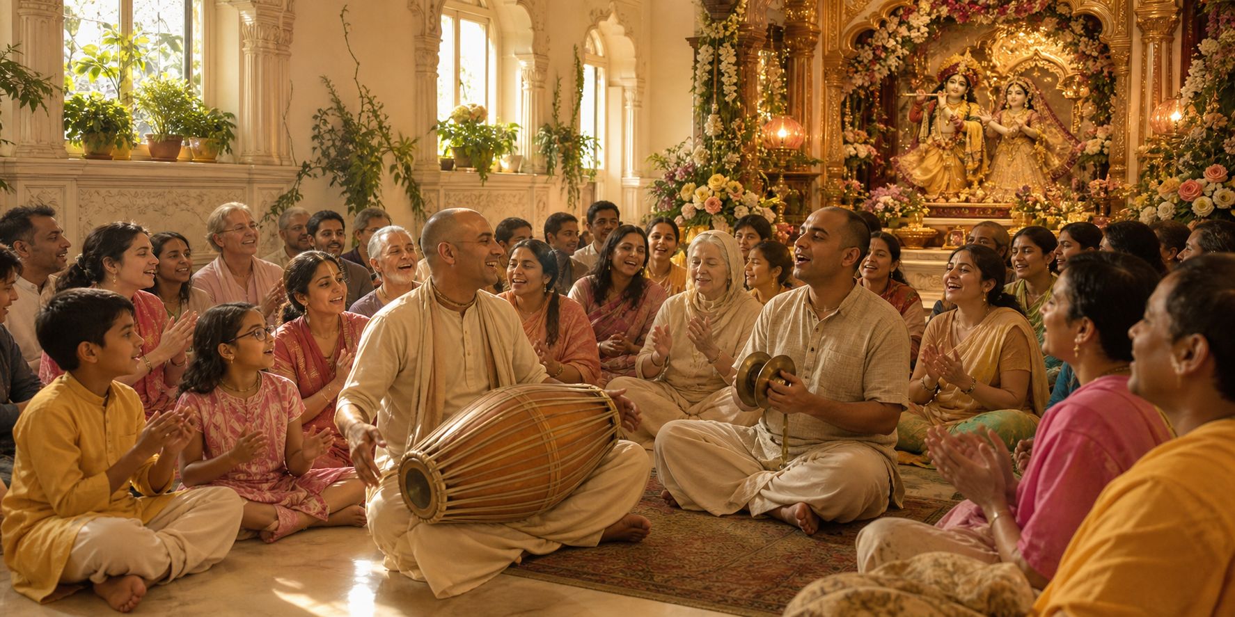 A multigenerational group of devotees sings and plays instruments together before a flower-decorated Radha-Krishna shrine.