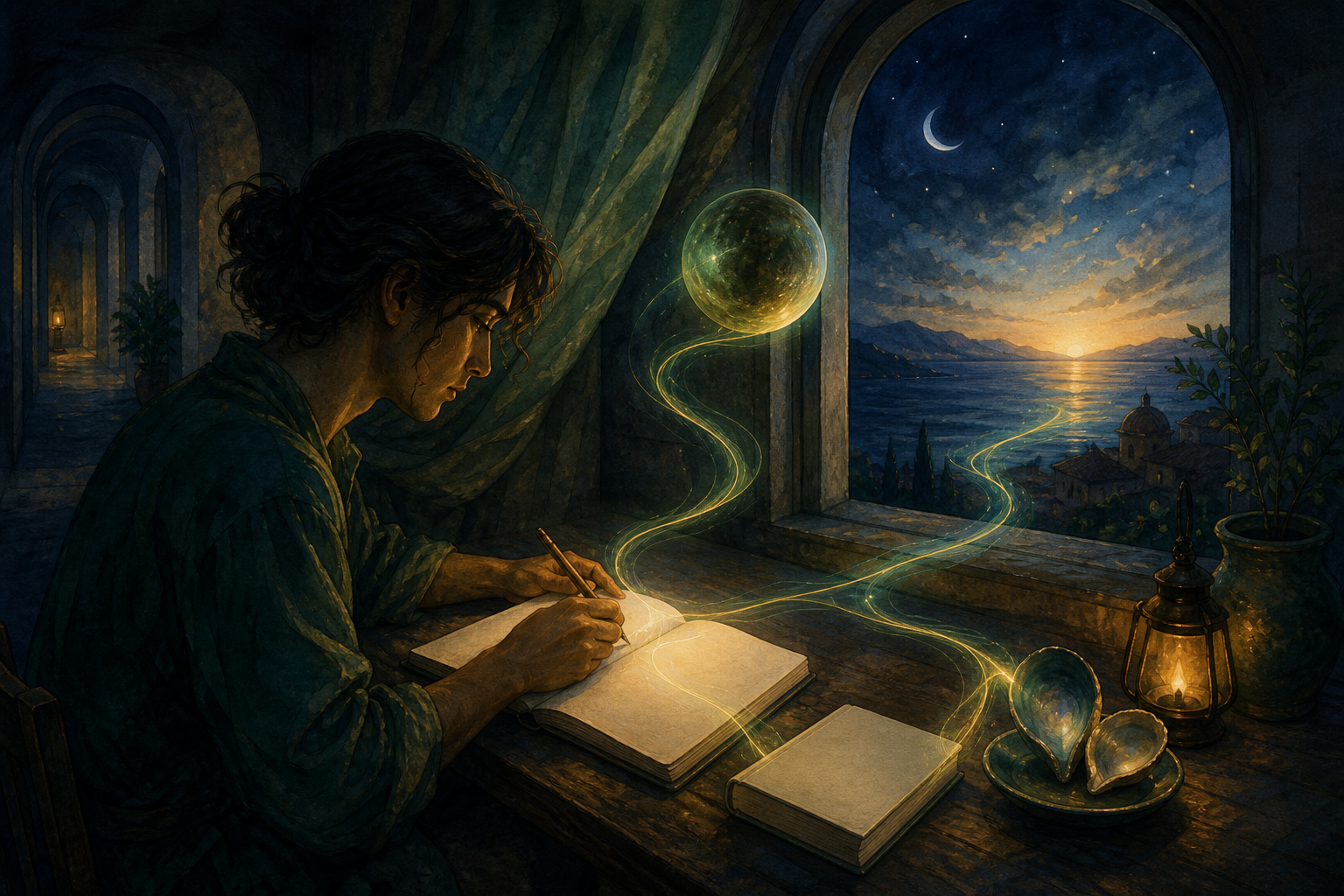 A person writes in a blank journal by an open window as a green-gold planetary sphere and ribbons of light appear in a quiet room.