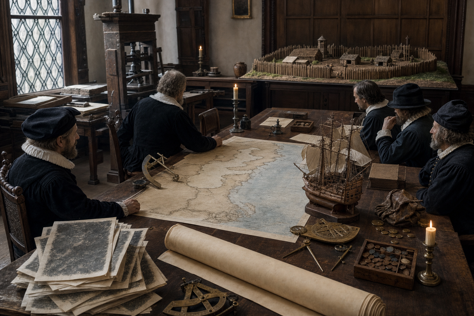 Seventeenth-century company officials gather around a table holding a coastal map, navigation tools, a ship model, seals, and a blank charter, while a printing press stands in the background.