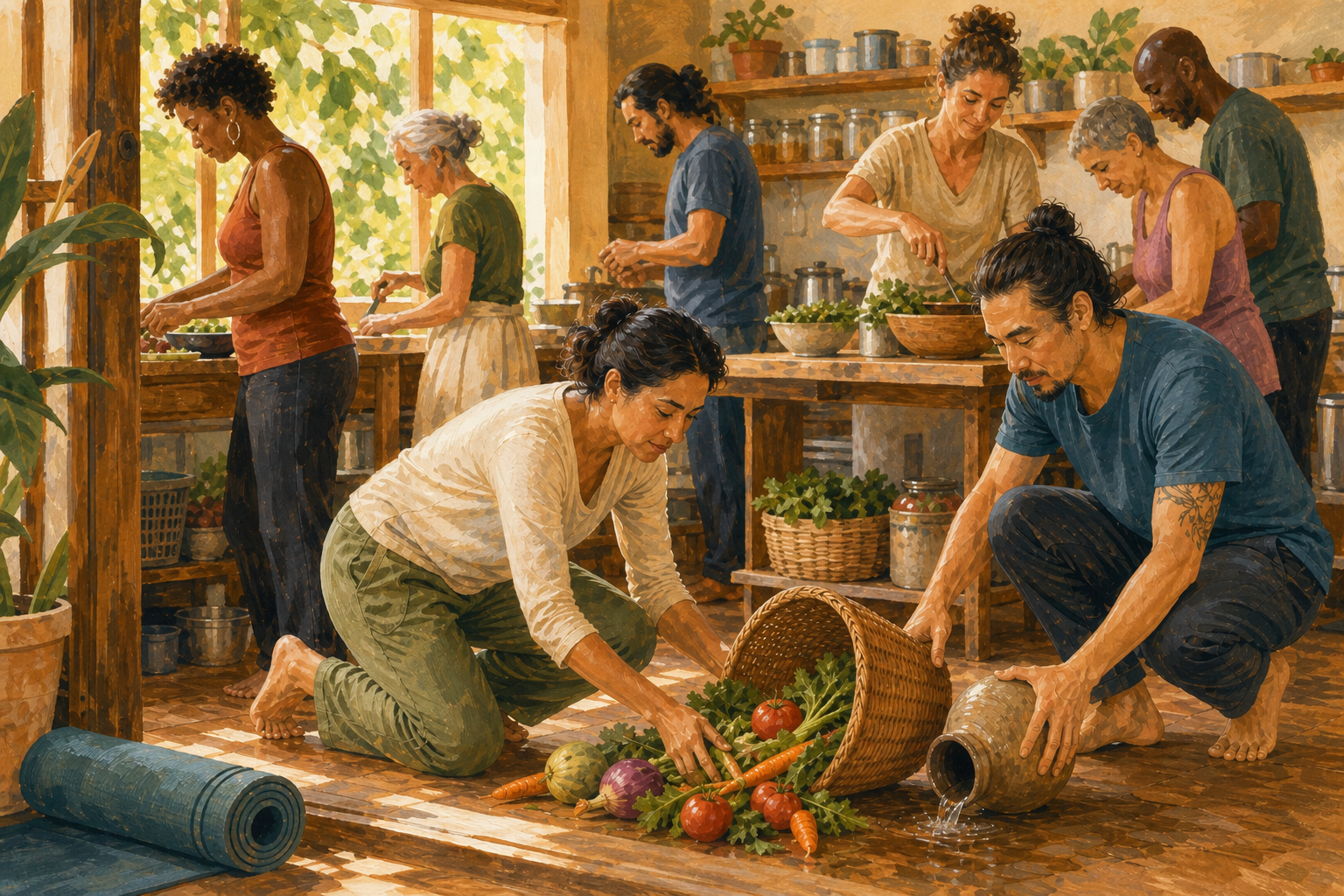 A practitioner calmly helps collect vegetables from an overturned basket in a sunlit community kitchen as others prepare food.