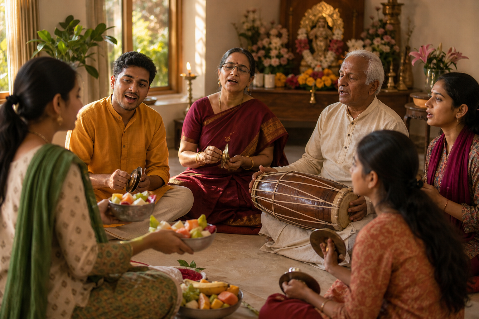 An intergenerational group of devotees sings together in a sunlit home prayer room while one person offers bowls of fruit.