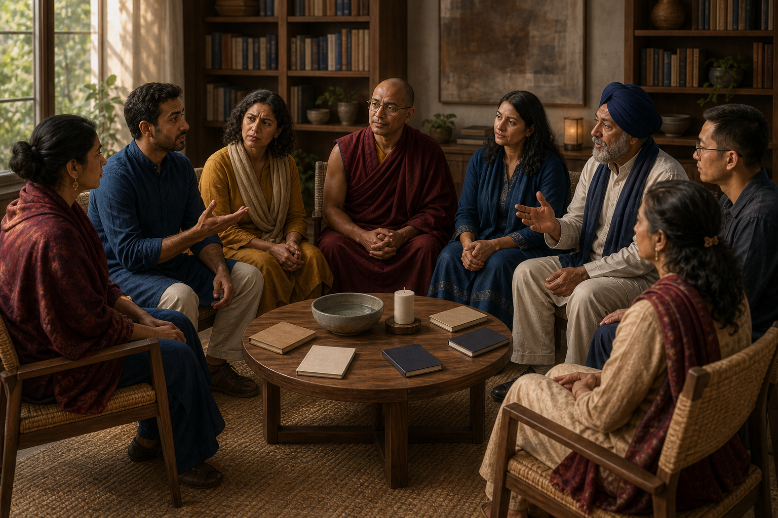 Eight adults sit in a facilitated dialogue circle, listening attentively as one participant speaks in a softly lit meeting room.