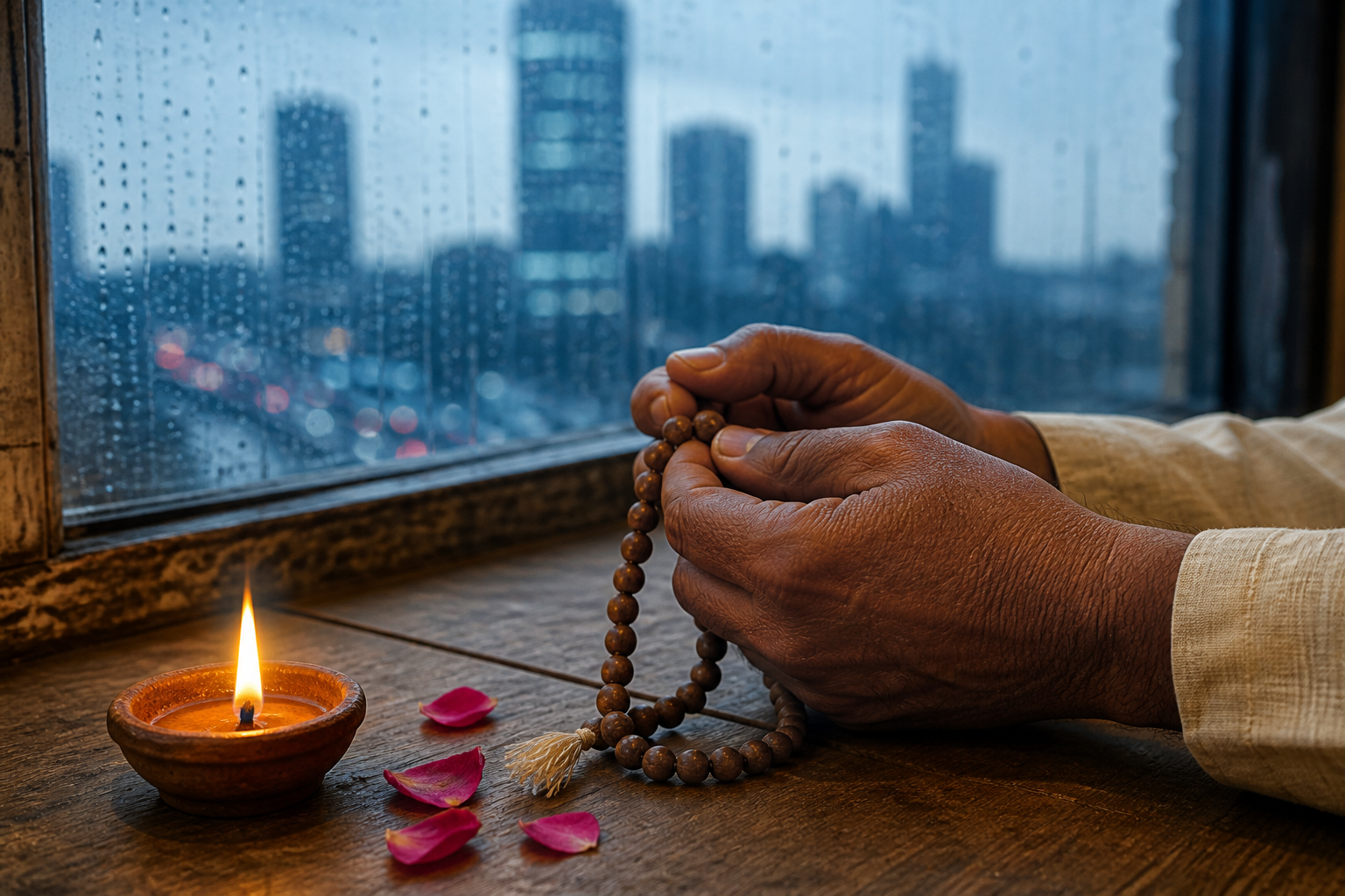 An older person's hands hold wooden prayer beads beside an oil lamp, with blurred city office towers visible through a window.