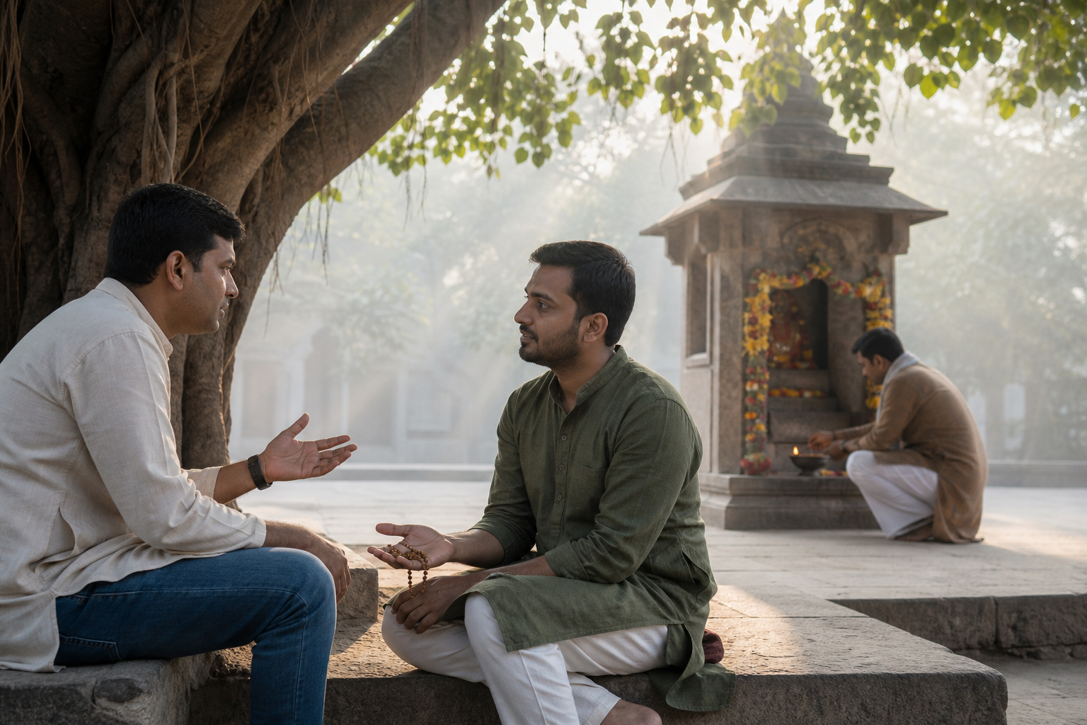 Two friends have a quiet conversation beneath a banyan tree while another devotee lights an oil lamp in the courtyard behind them.