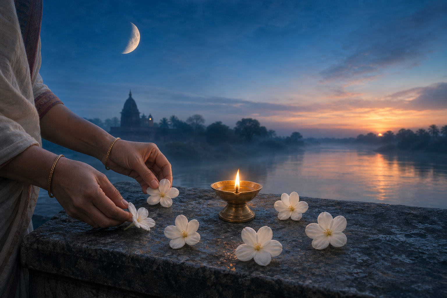 Seven white flowers and a brass oil lamp are arranged beneath a waxing moon as dawn brightens behind a temple.