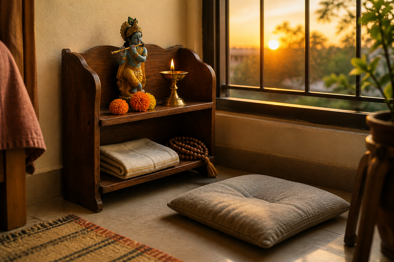 A small home prayer space with a Krishna figure, oil lamp, prayer beads, flowers, folded cloth, and a cushion beside a sunlit window.