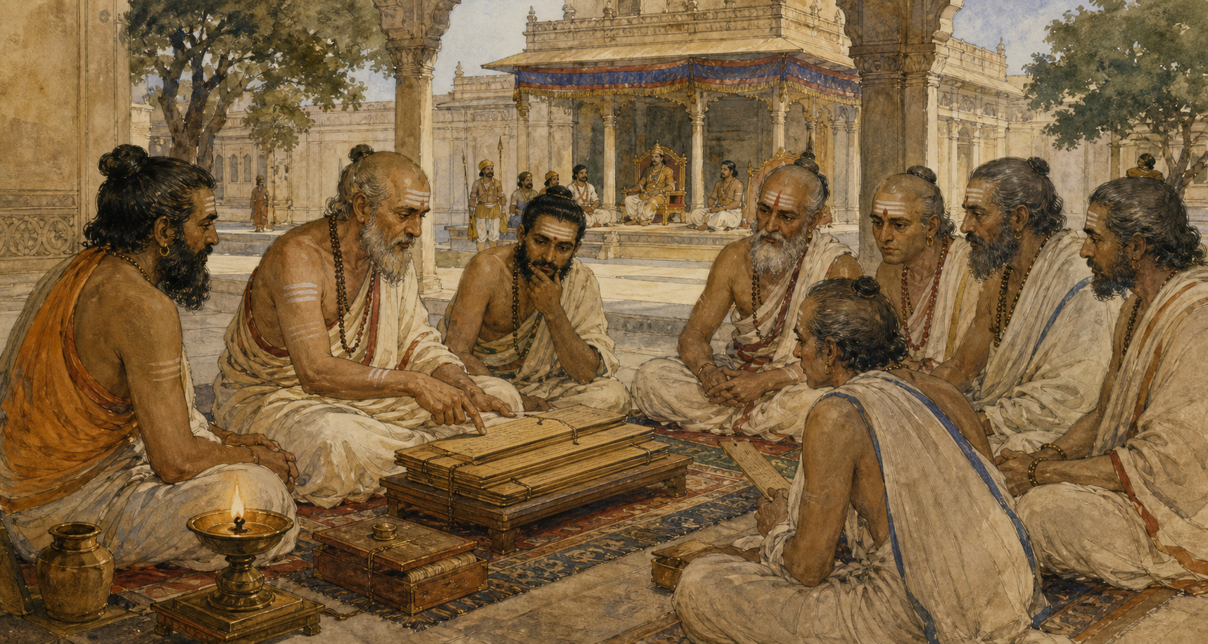 Medieval Indian scholars gather around an open palm-leaf manuscript while a royal court pavilion stands in the background.