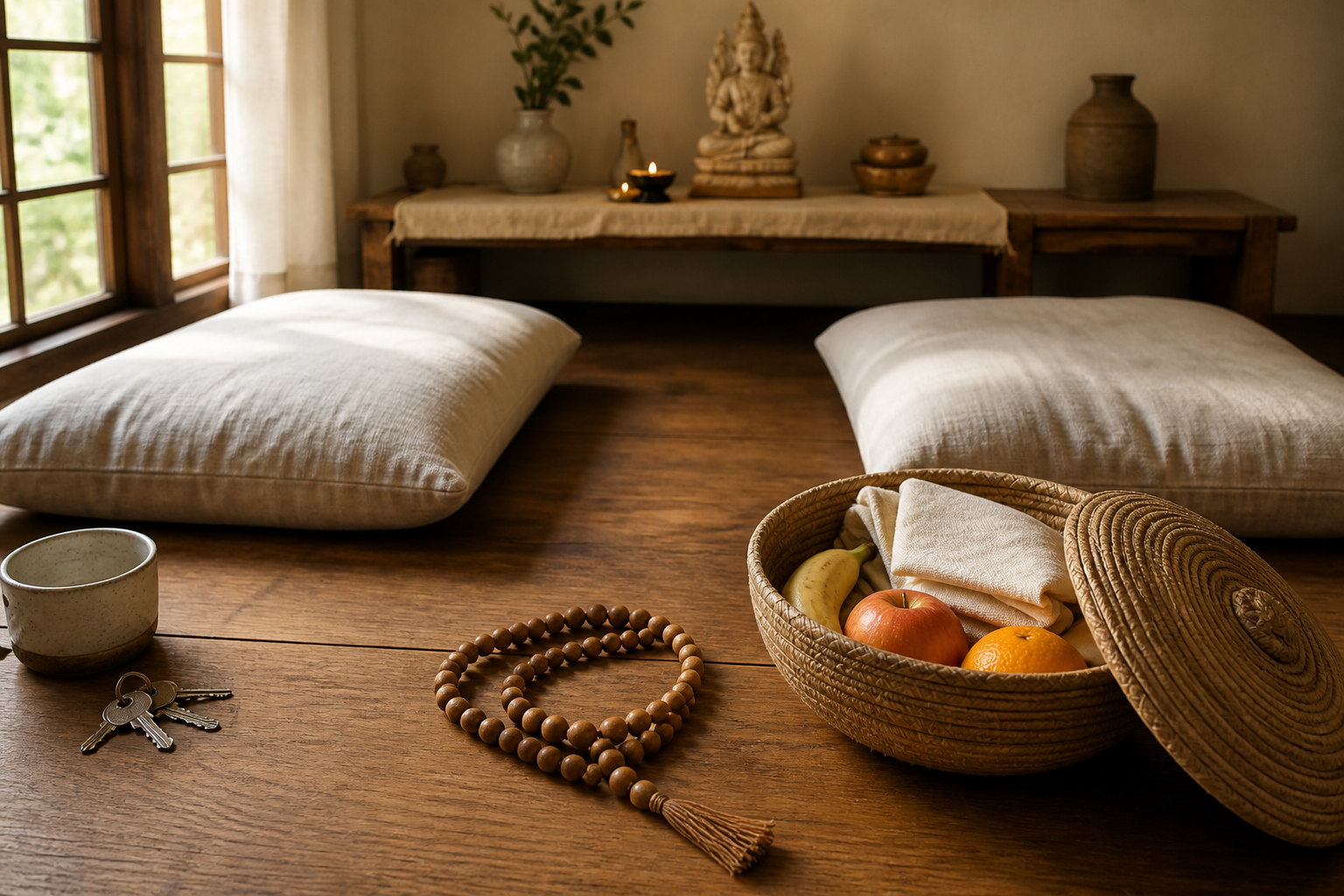 Prayer beads, two floor cushions, and a basket of folded cloths and fruit form a triangular arrangement beside a home altar.