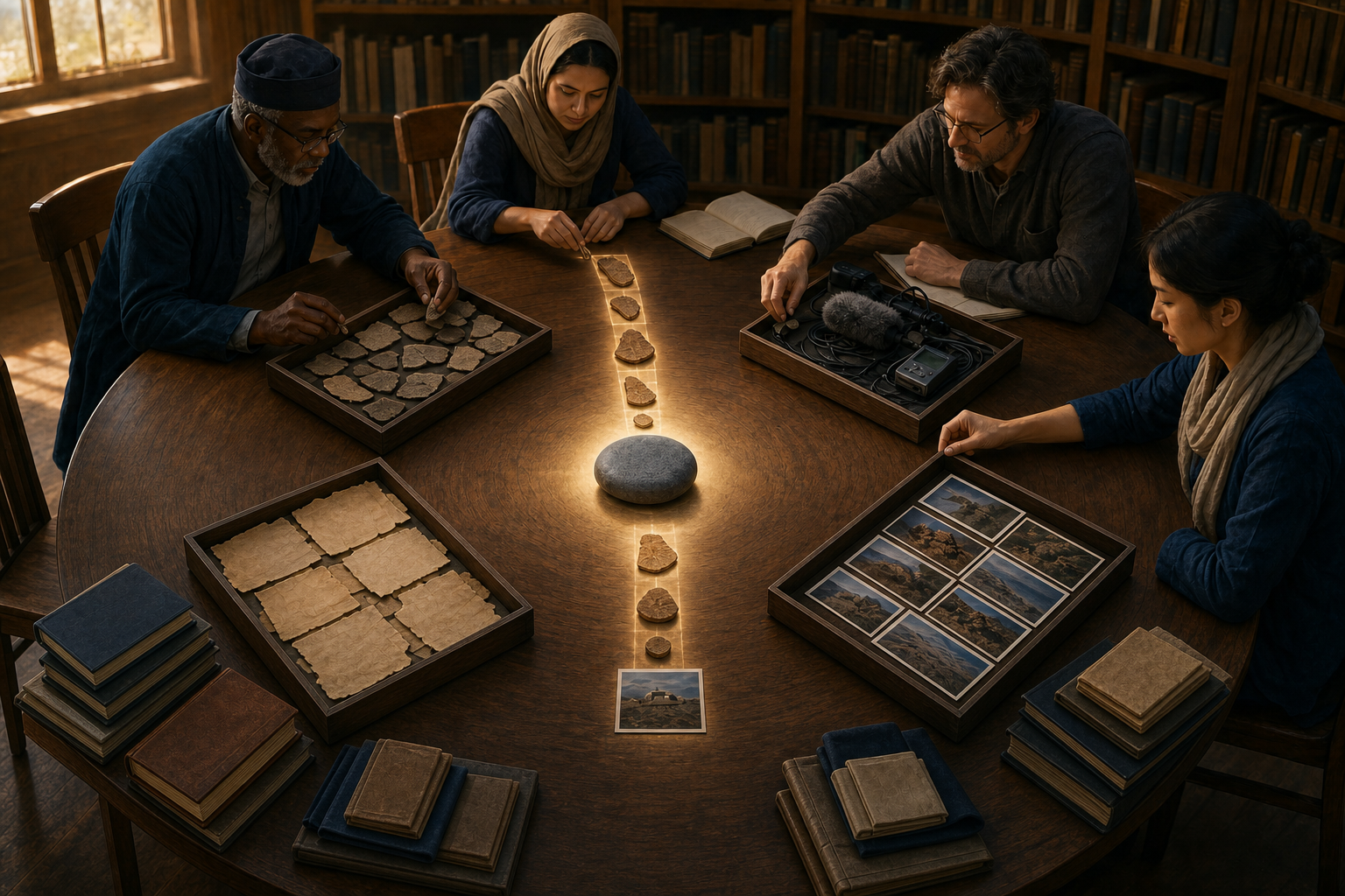 A small research team organizes manuscripts, artifact replicas, recording equipment, and photographs around one central object of inquiry.