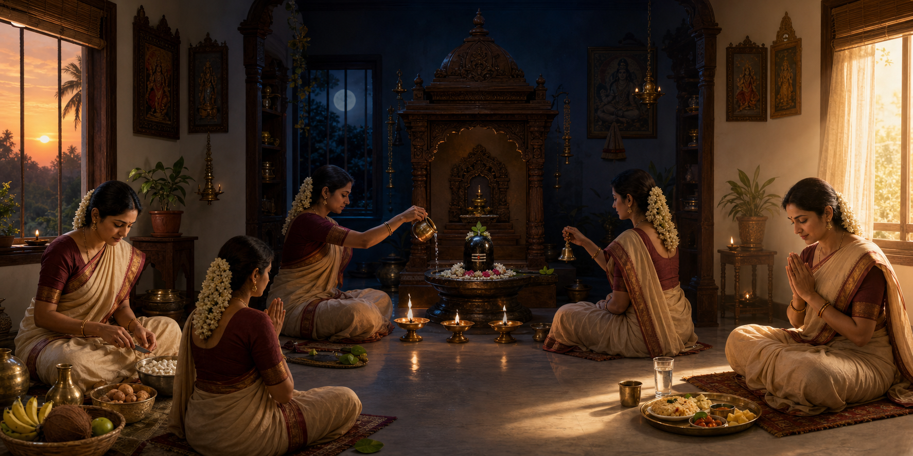 A continuous scene moves from sunset preparations through nighttime worship with four lamps to water and a simple meal at dawn.