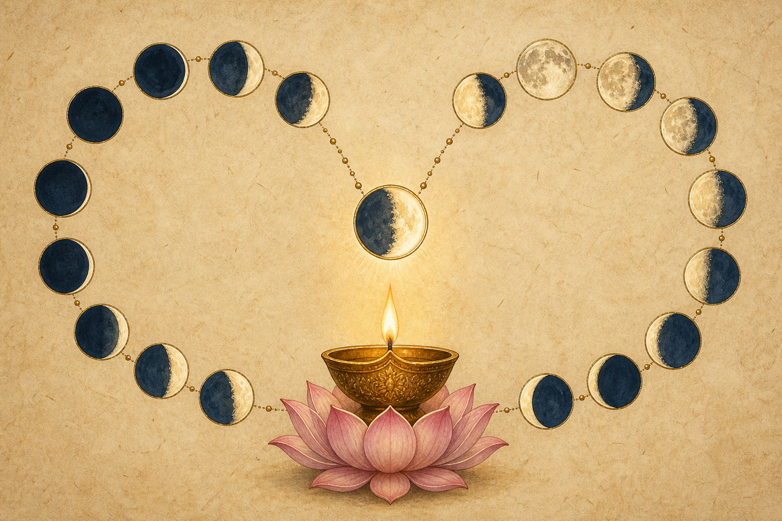 Two circular sequences of moon phases, one beginning with a dark moon and one with a full moon, meet at the same waxing moon above an oil lamp and lotus.