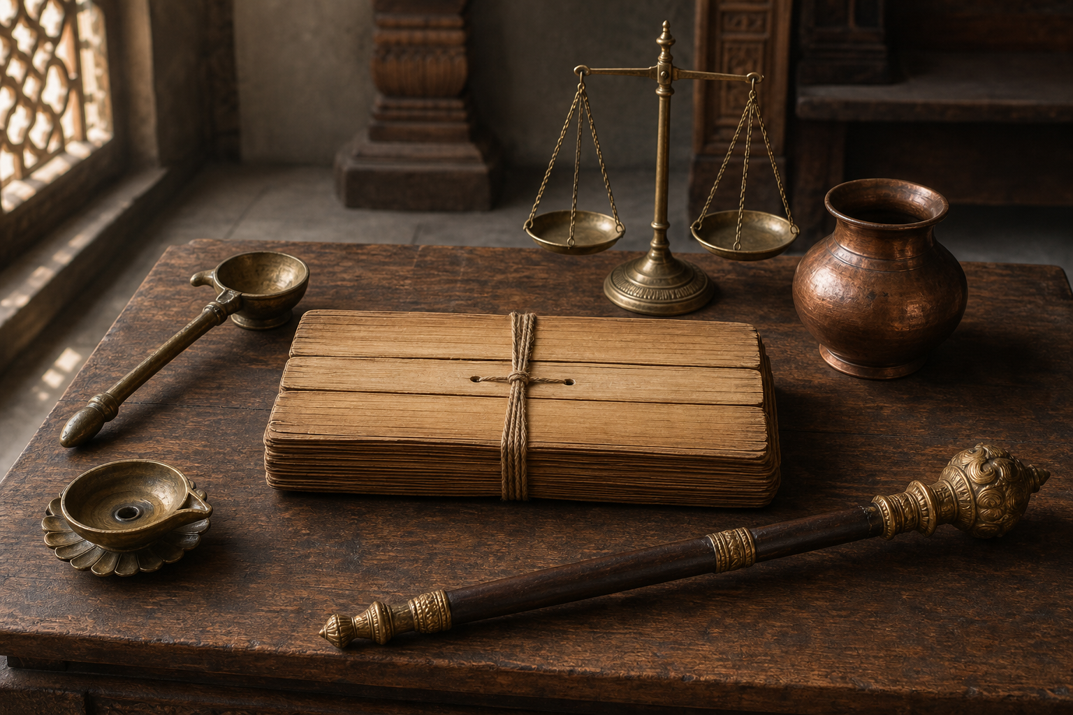 A palm-leaf manuscript rests among ritual, household, judicial, and courtly objects on a wooden reading desk.
