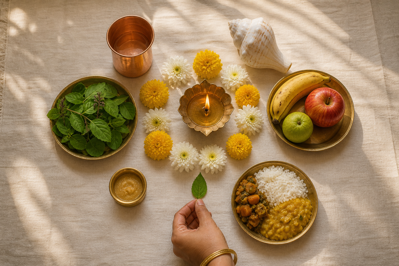An overhead view of a simple home puja arrangement with a lit diya, conch, copper water cup, tulsi leaves, flowers, fruit, and vegetarian food.