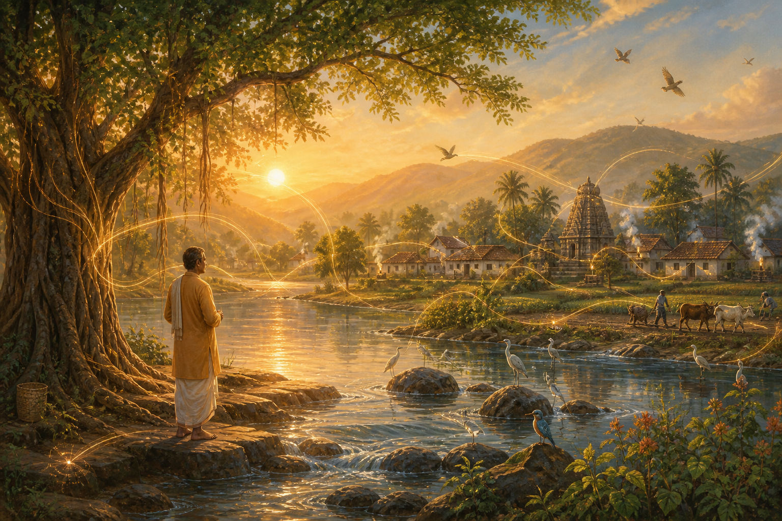 A person stands beside a river at dawn among a banyan tree, birds, hills, a village, and a temple, with golden light visually connecting the human figure and the landscape.