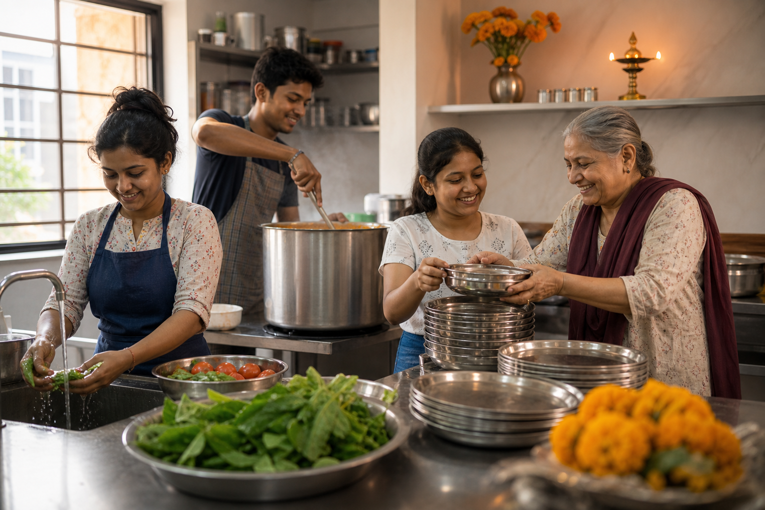 Volunteers of different ages prepare vegetables, stir a pot, and stack plates together in a bright community kitchen.