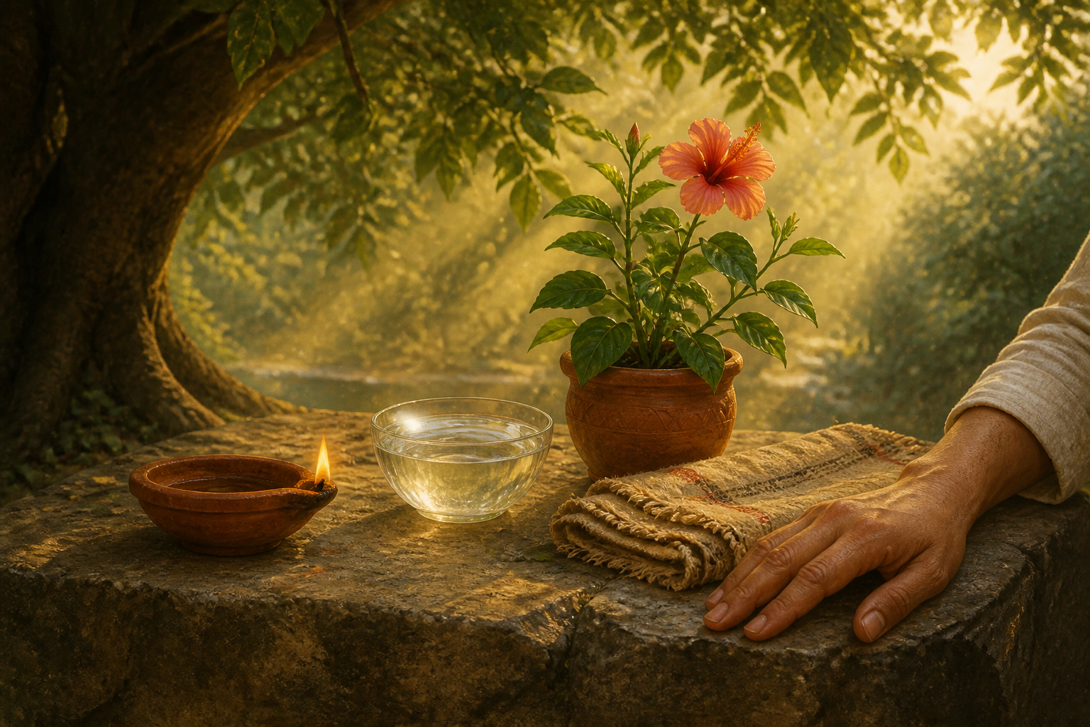 A clay lamp, water bowl, flowering plant, folded cloth, and human hand rest on a stone platform beneath sunlit tree branches.