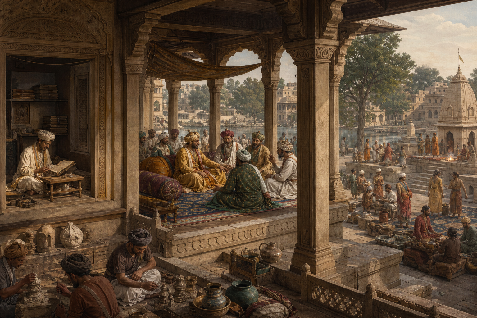 A medieval court deliberates within an open pavilion as a scholar studies nearby and everyday community life continues beyond.