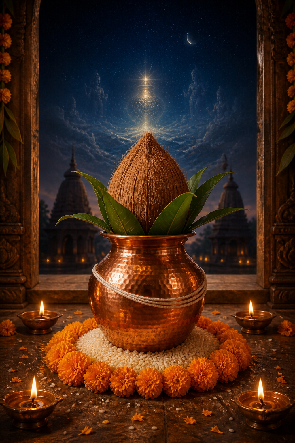 A copper kalasha with mango leaves and a coconut stands among oil lamps and flowers, with a luminous vessel and cosmic ocean suggested in the background.
