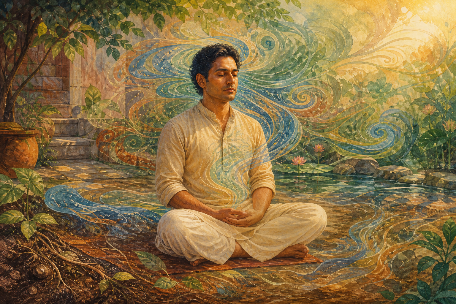 A seated person reflects in a garden courtyard while translucent currents flow around the head and body and continue through leaves, water, and soil.