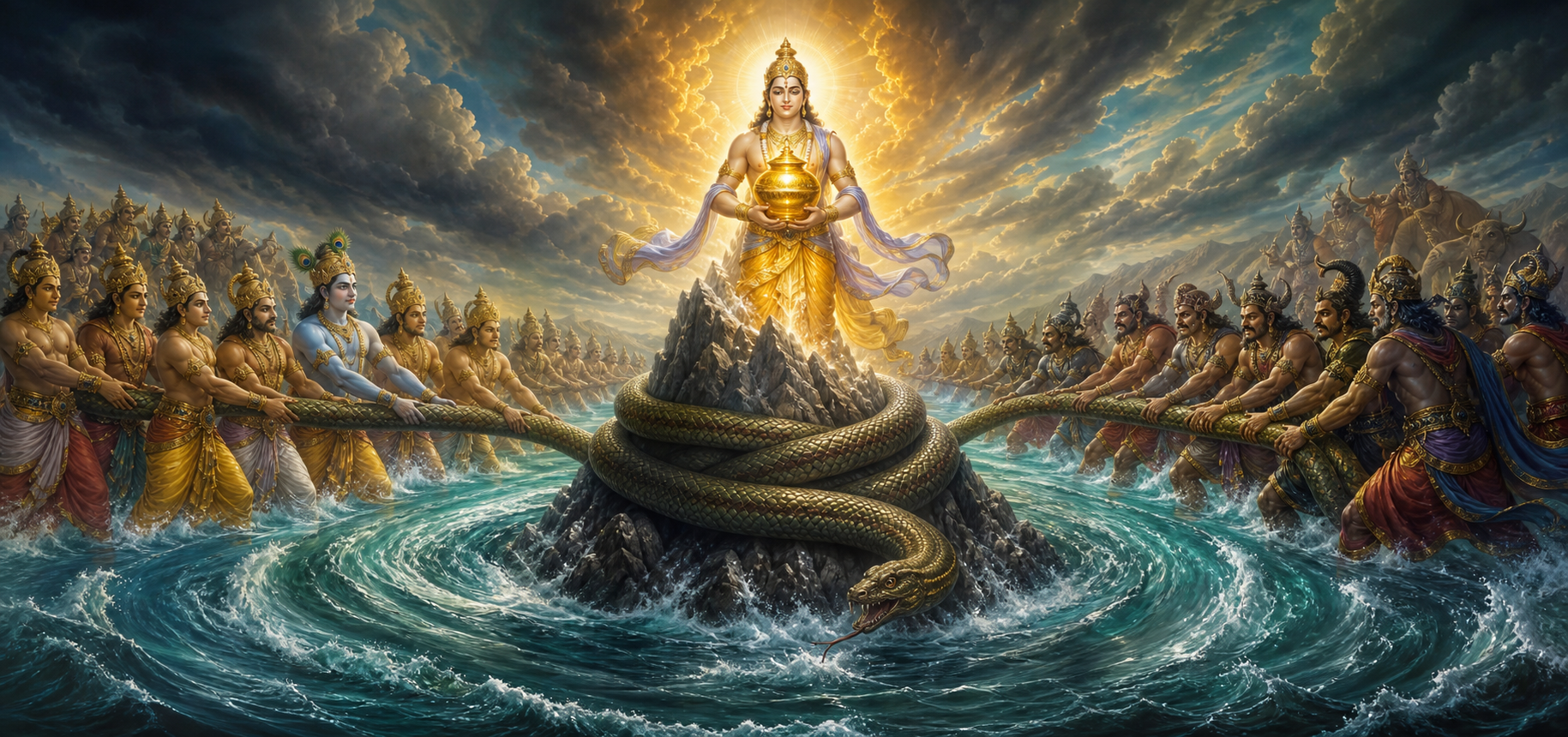 Devas and asuras churn a turbulent cosmic ocean while Dhanvantari emerges holding a radiant golden vessel of amrita.