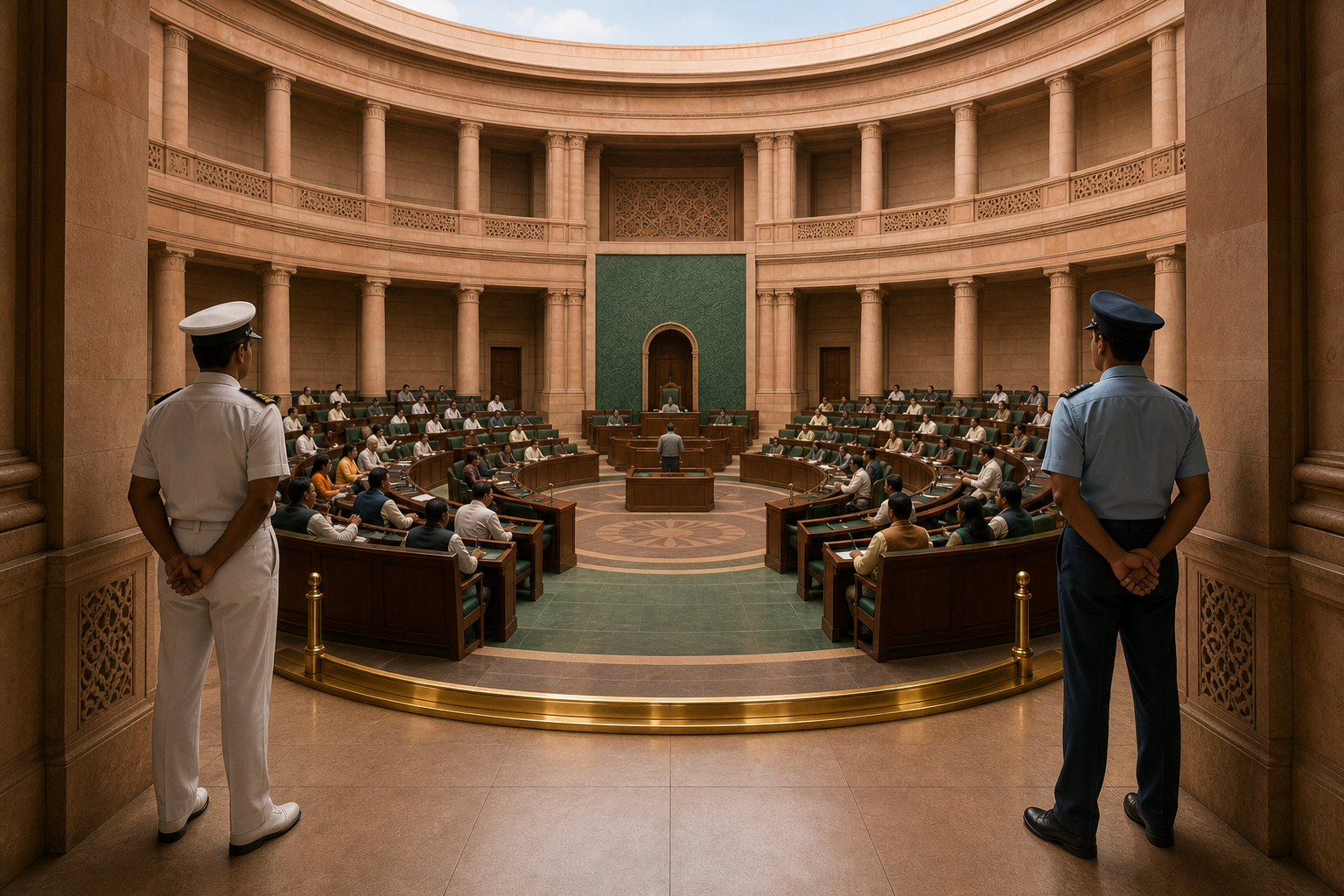 Anonymous lawmakers sit in a circular parliamentary chamber while two unarmed military officers remain beyond a brass boundary at the entrance.
