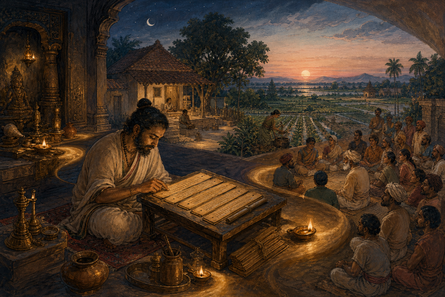 A scholar studies a palm-leaf manuscript surrounded by scenes of ritual duty, household purpose, and an orderly community assembly.