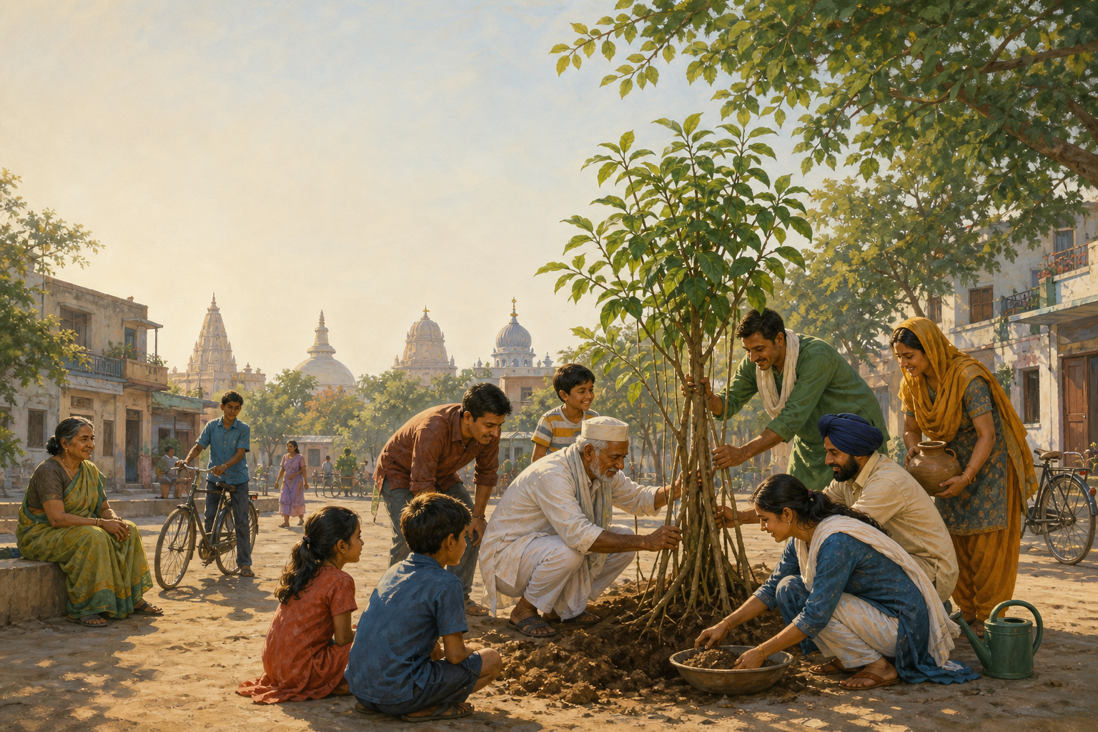 Residents of different ages plant a banyan sapling together in an Indian neighborhood courtyard, with varied places of worship visible in the distant skyline.