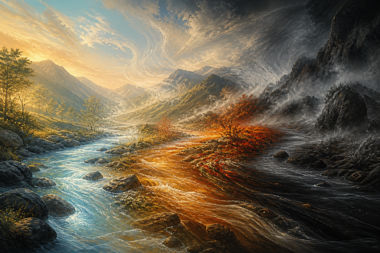 Three differently colored currents intertwine through one river valley, changing the appearance of clouds, grasses, water, mist, and stones.