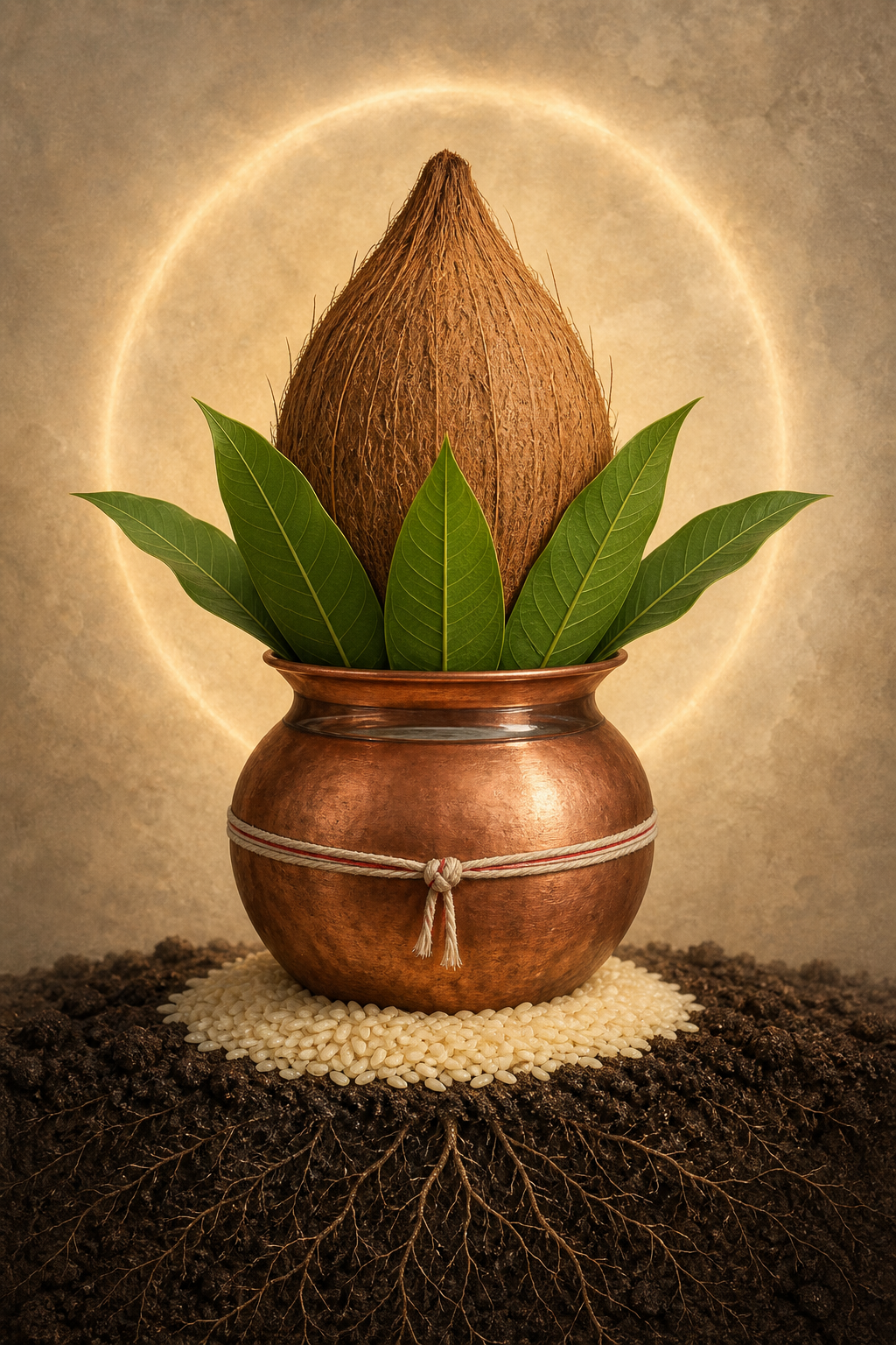 A ritual kalasha rises from a bed of earth and rice, with a copper water pot, sacred thread, mango leaves, and a coconut arranged vertically.