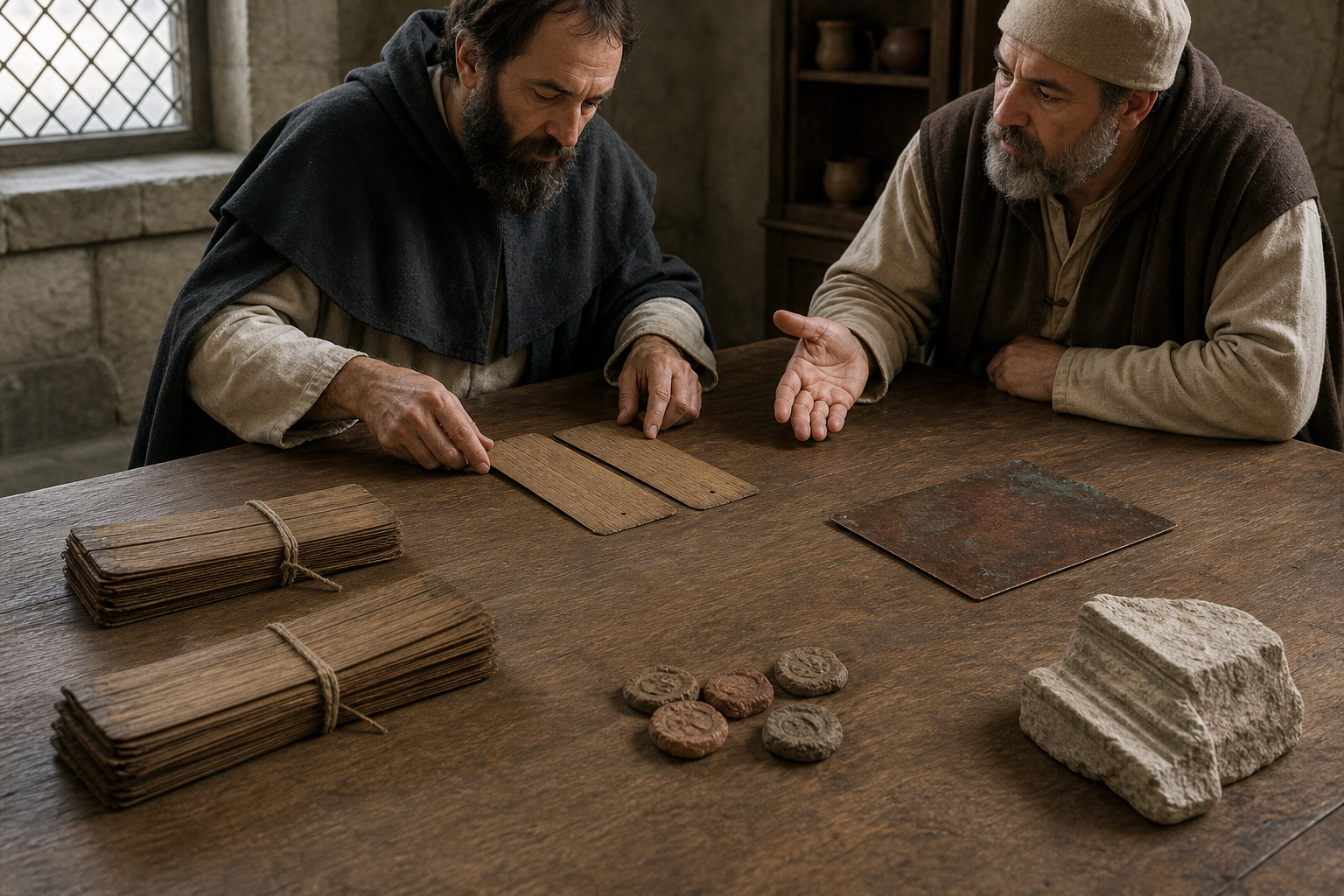 Two scholars cautiously compare palm-leaf folios, a copper plate, seal impressions, and an architectural fragment on a table.