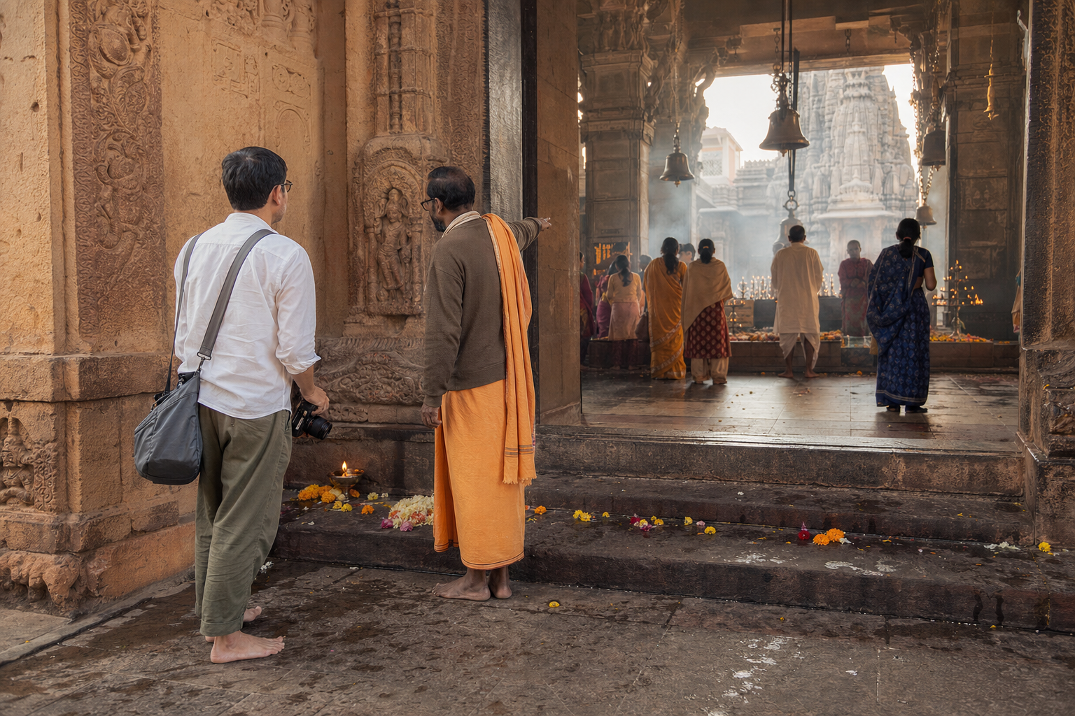 A visitor with a lowered camera pauses at the threshold of an active Hindu temple courtyard as worshippers make morning offerings.