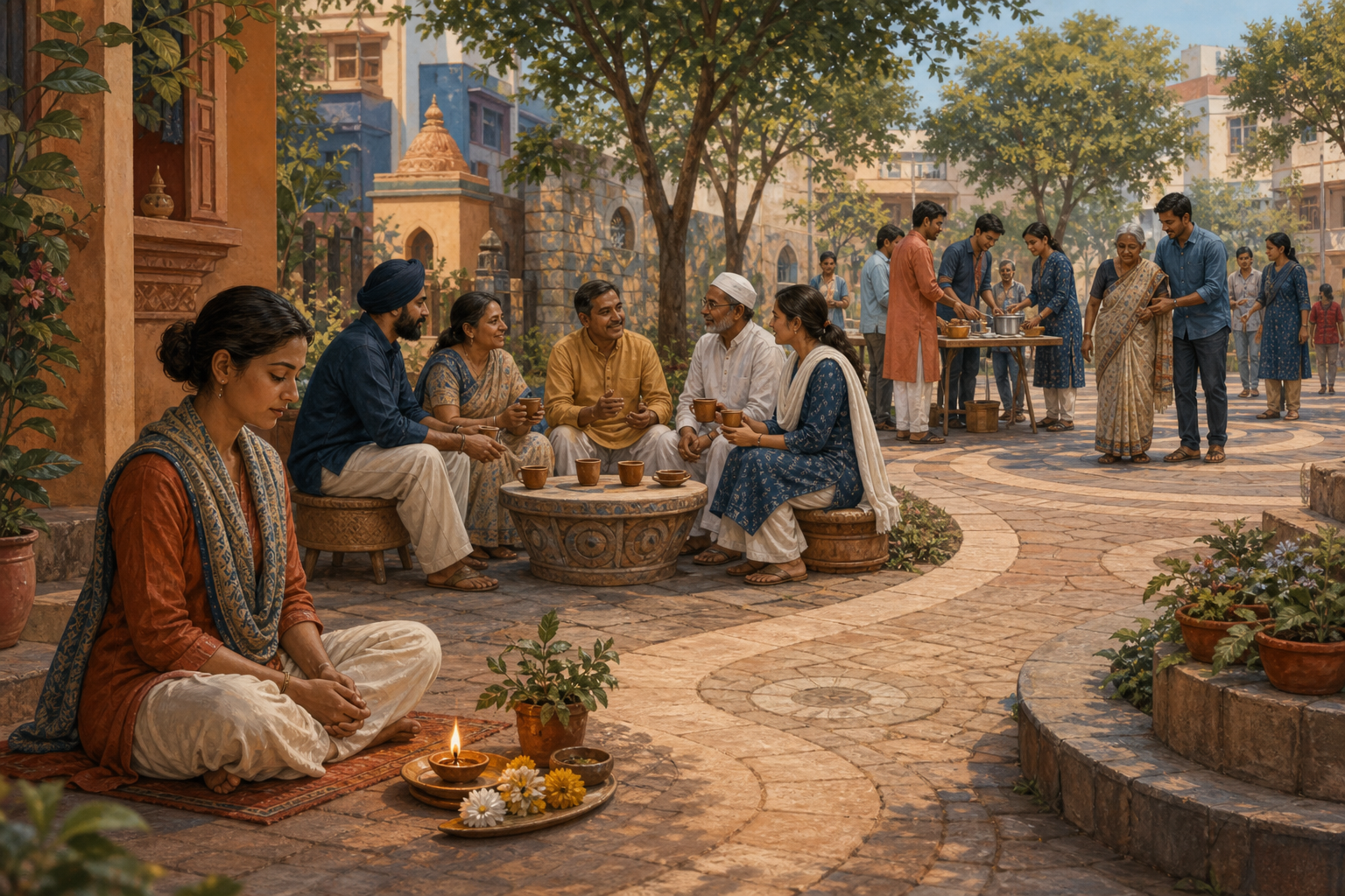 A layered illustration shows personal spiritual practice in the foreground, neighbors in interfaith conversation, and residents cooperating in a civic plaza behind them.