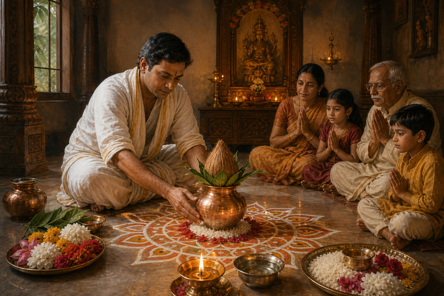 A ritual practitioner places a prepared copper kalasha at the center of a floor mandala as a family watches beside lamps and offerings.