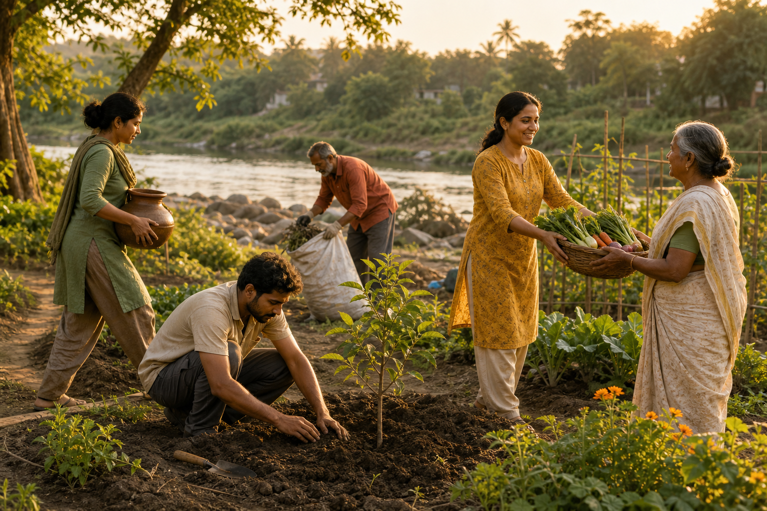People plant a sapling, water a garden, clean a riverbank, and share vegetables in a sunlit riverside community space.