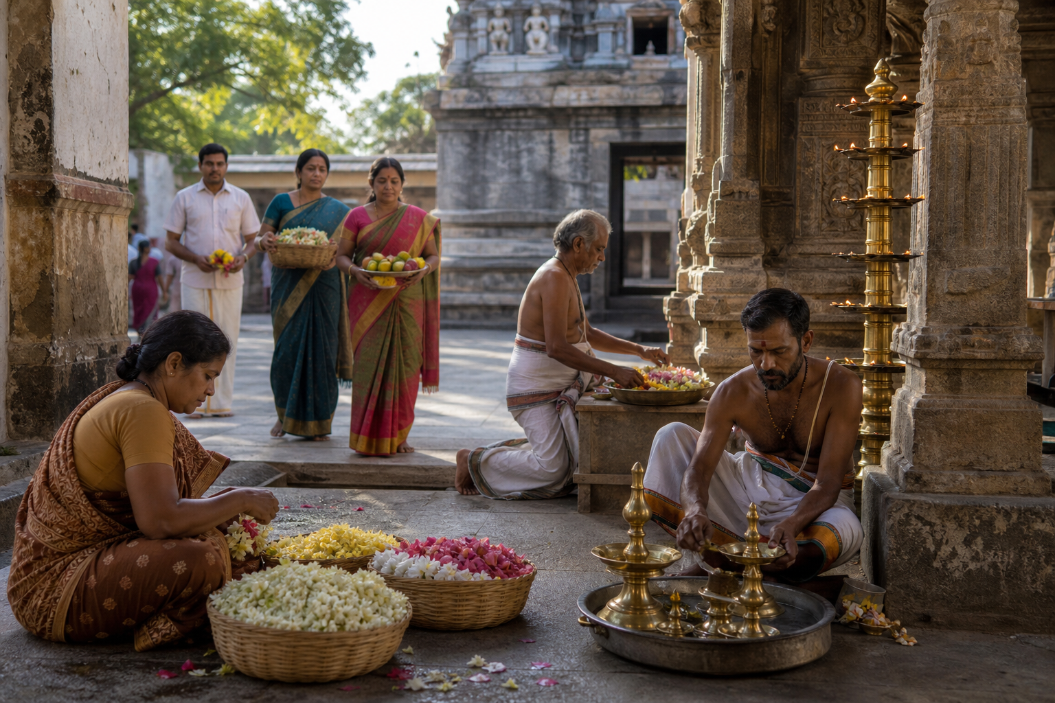 Temple workers and devotees arrange flowers, refill lamps, and prepare offerings in the courtyard of a historic Hindu sacred site.