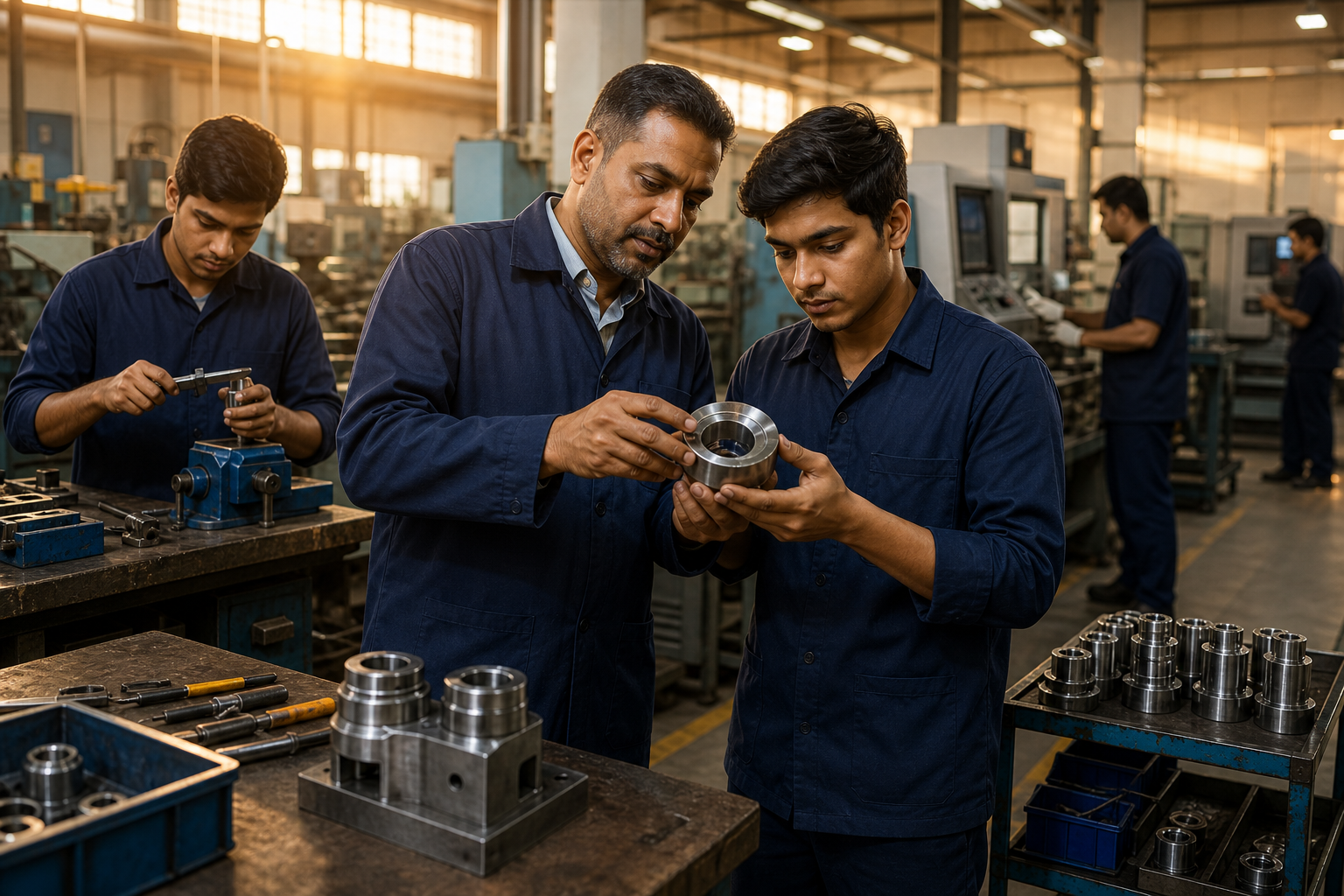 An experienced supervisor teaches a novice to inspect a precision component while other employees train and work in a modern manufacturing workshop.