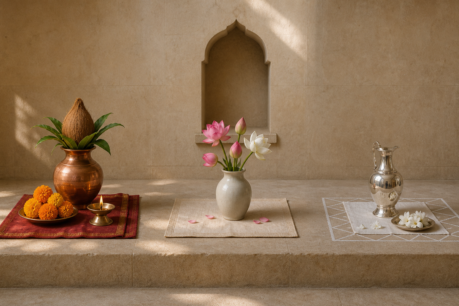 Three separately arranged sacred-vessel displays include a Hindu kalasha, a Buddhist flower vase, and a Jain ceremonial water vessel, each with distinct offerings.