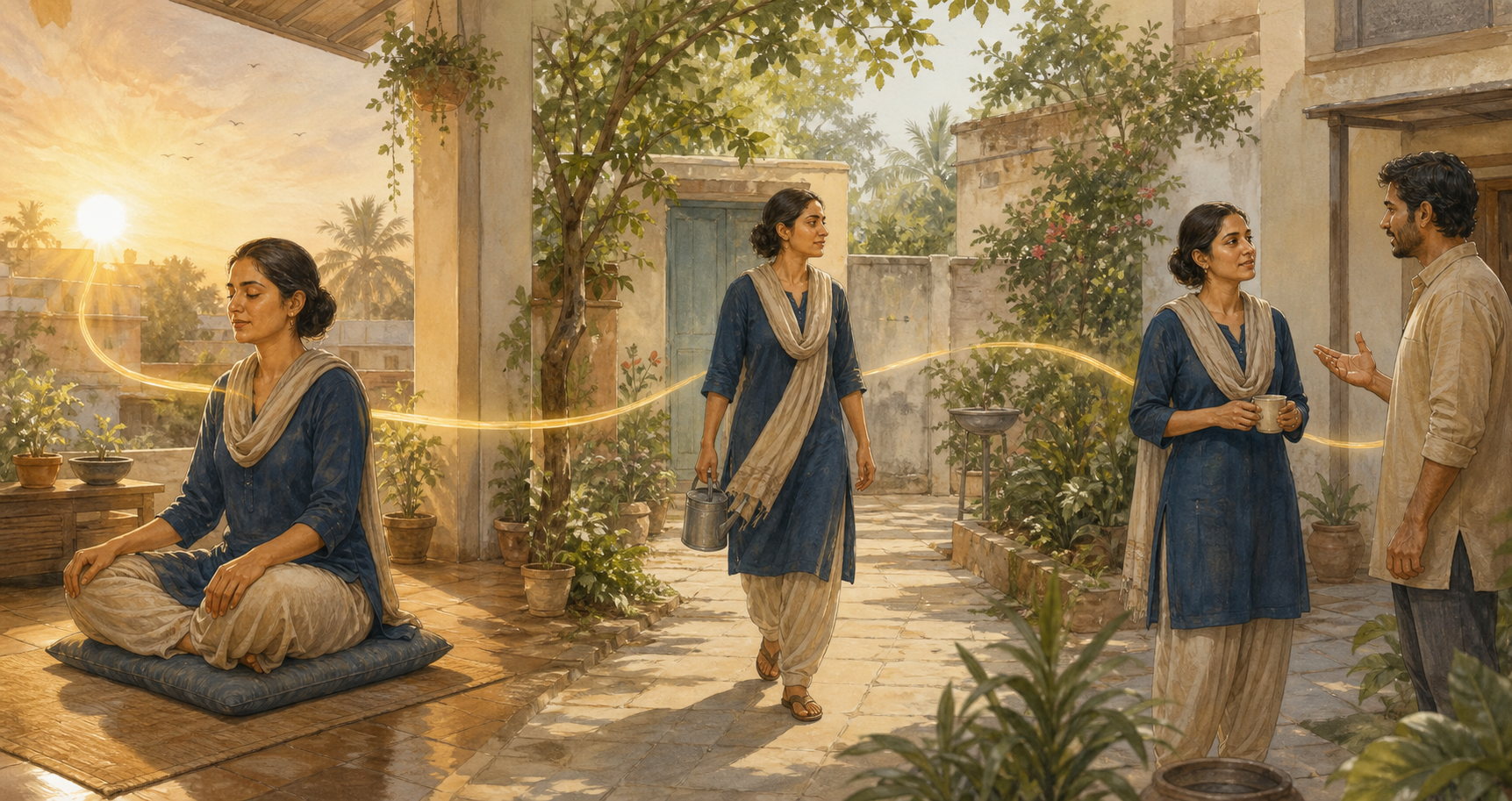 A person meditates, walks through a courtyard, and listens to another person as a subtle ribbon of golden light connects the three everyday moments.