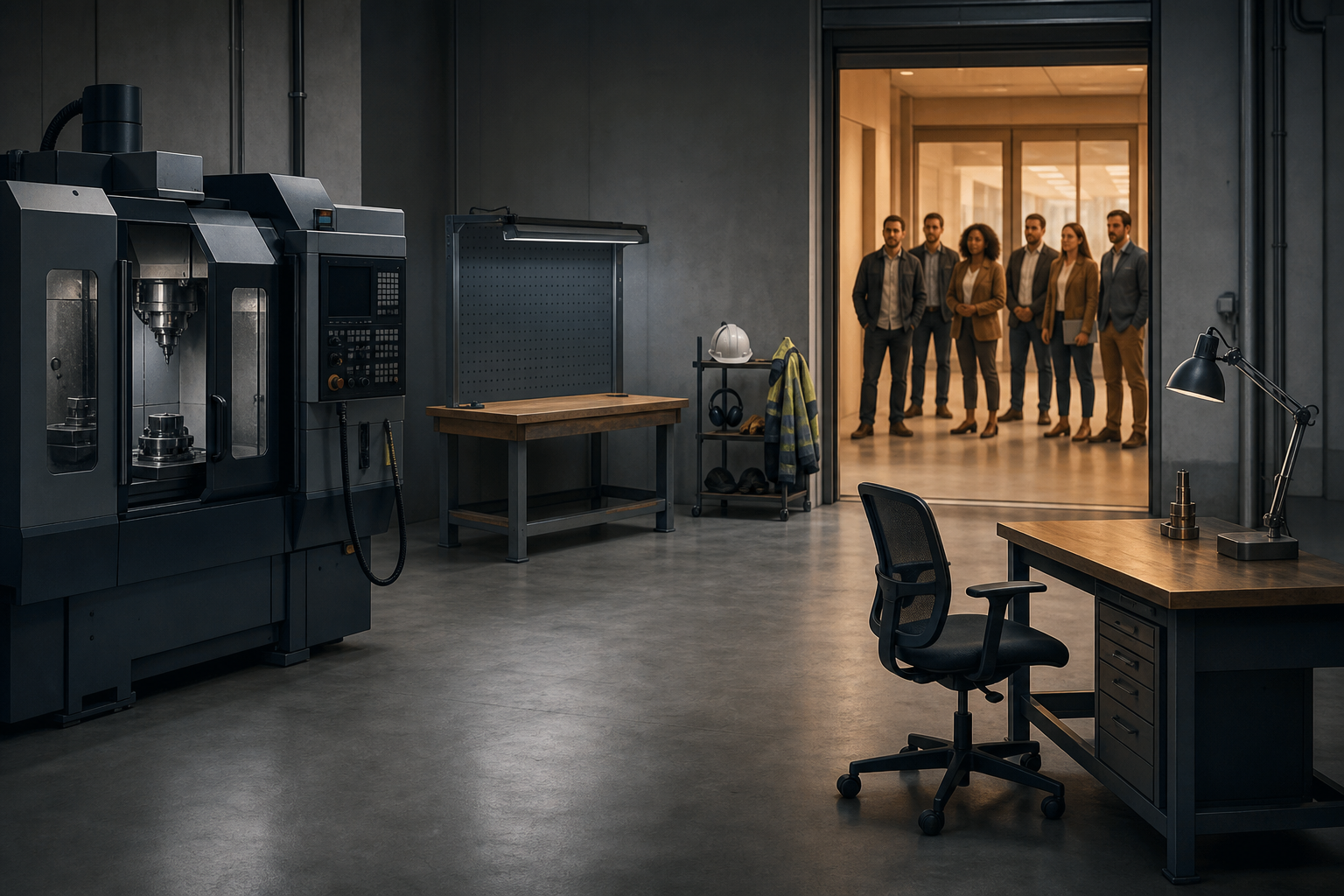 An idle machine and empty workstation are separated from a group of potential workers by an unused training bench and an empty supervisor's chair.