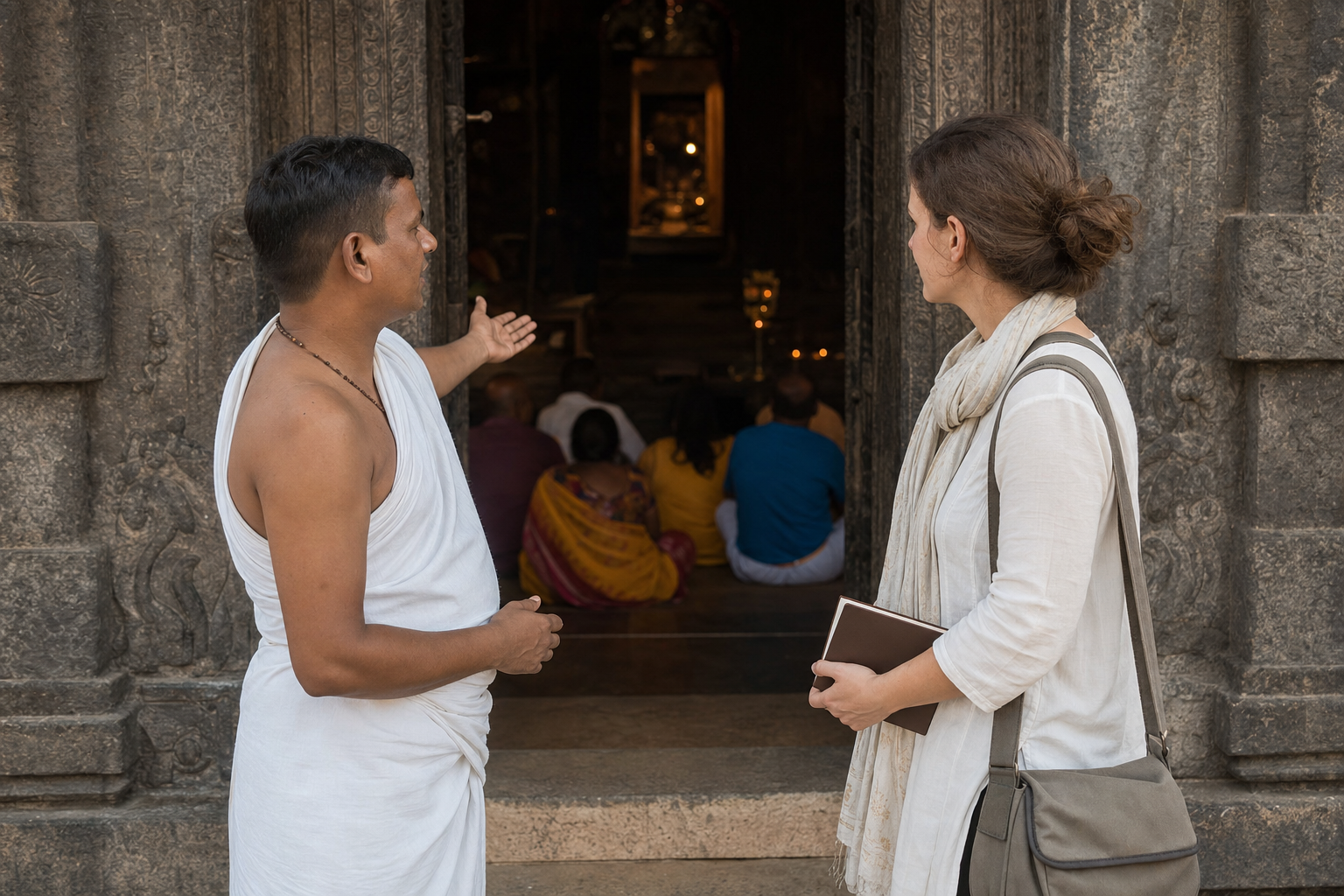 A temple custodian explains a ritual boundary to a visitor whose phone and camera are stored in a closed bag.