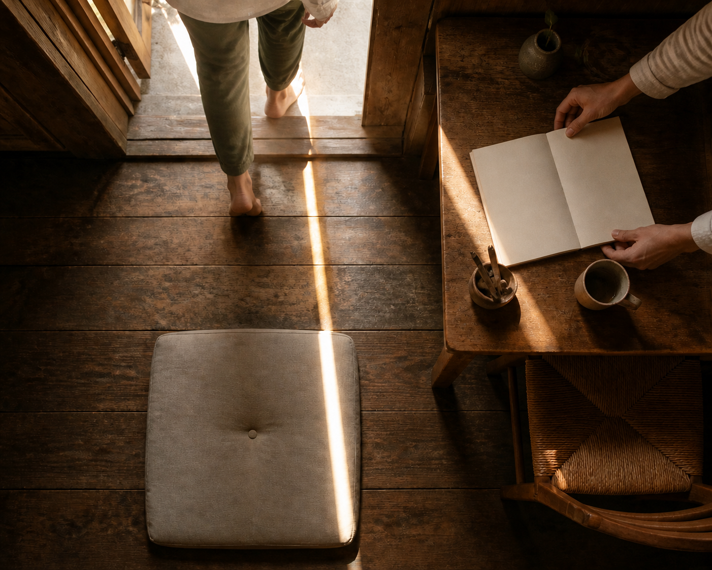 Morning sunlight forms an unbroken band from a meditation cushion across a doorway to a desk where a person works with their hands.