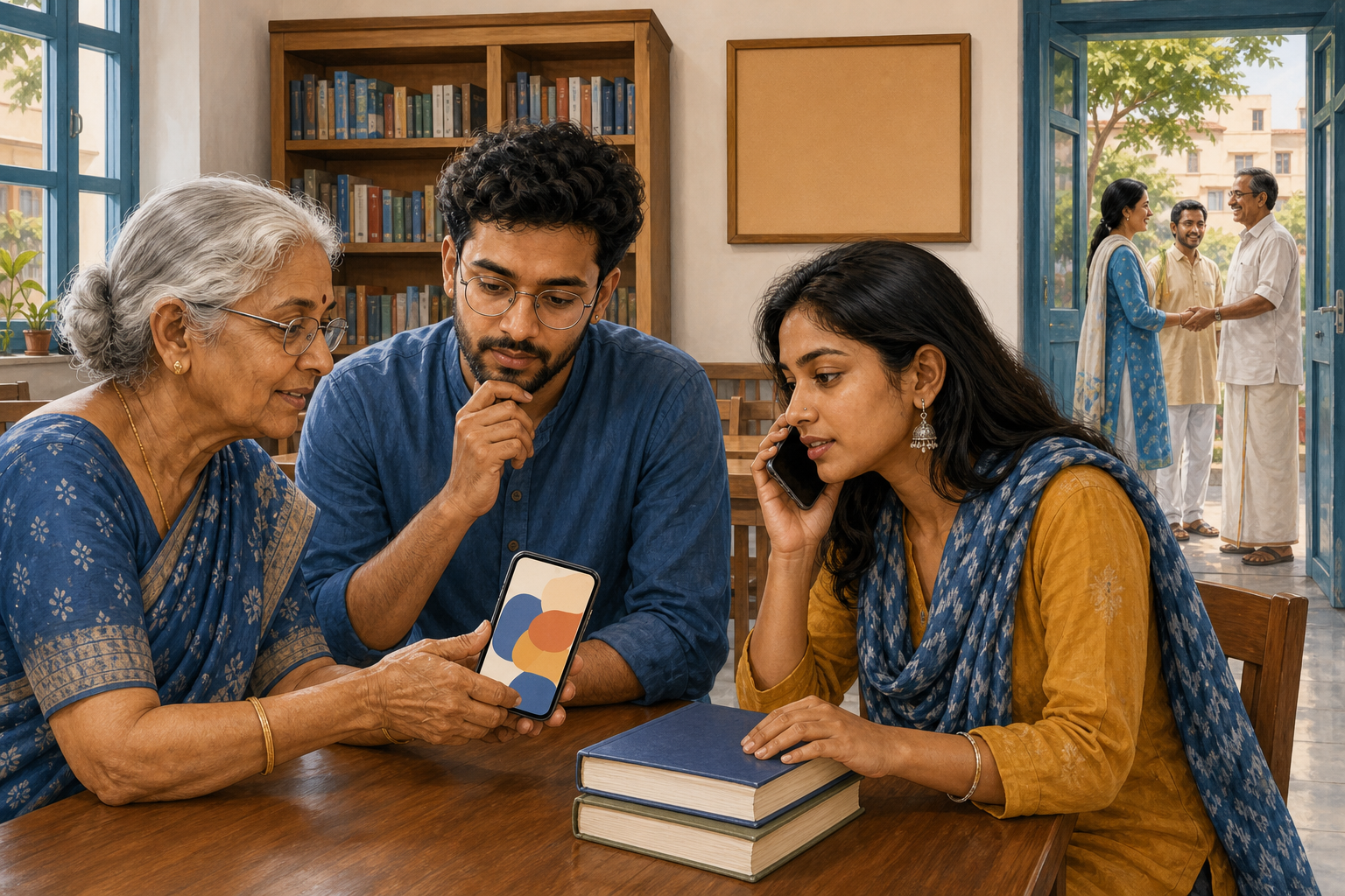Three neighbors calmly verify a message on an unbranded phone using library references while other residents greet one another outside.