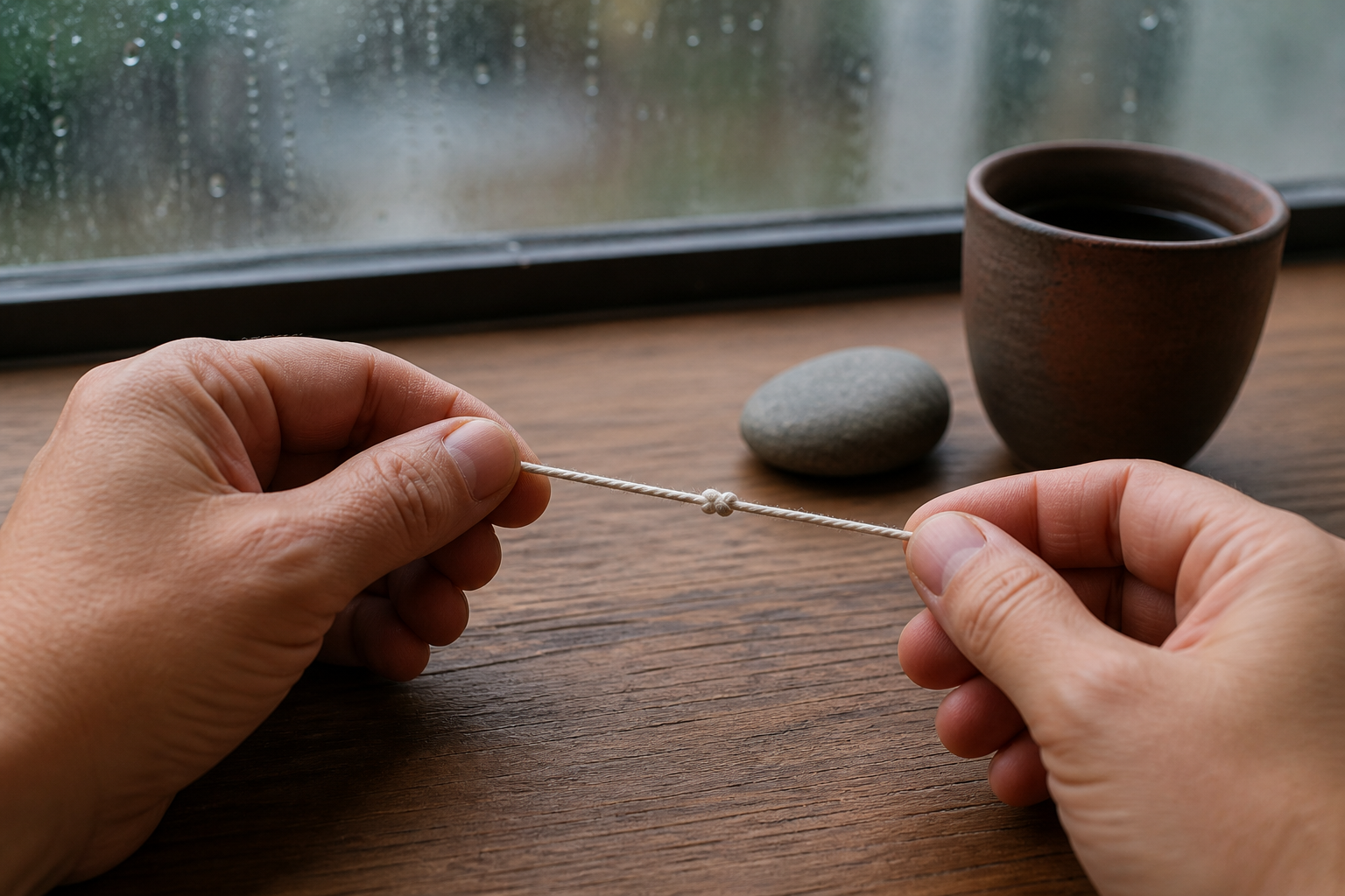 Two hands tie the broken ends of a thin cotton thread into a small knot on a wooden table beside a stone and clay cup.