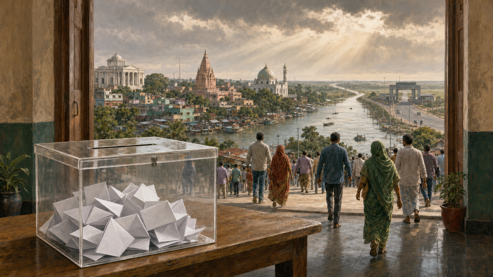 Editorial illustration of a ballot box overlooking a Bangladeshi river city, civic buildings, places of worship, and a distant border crossing.
