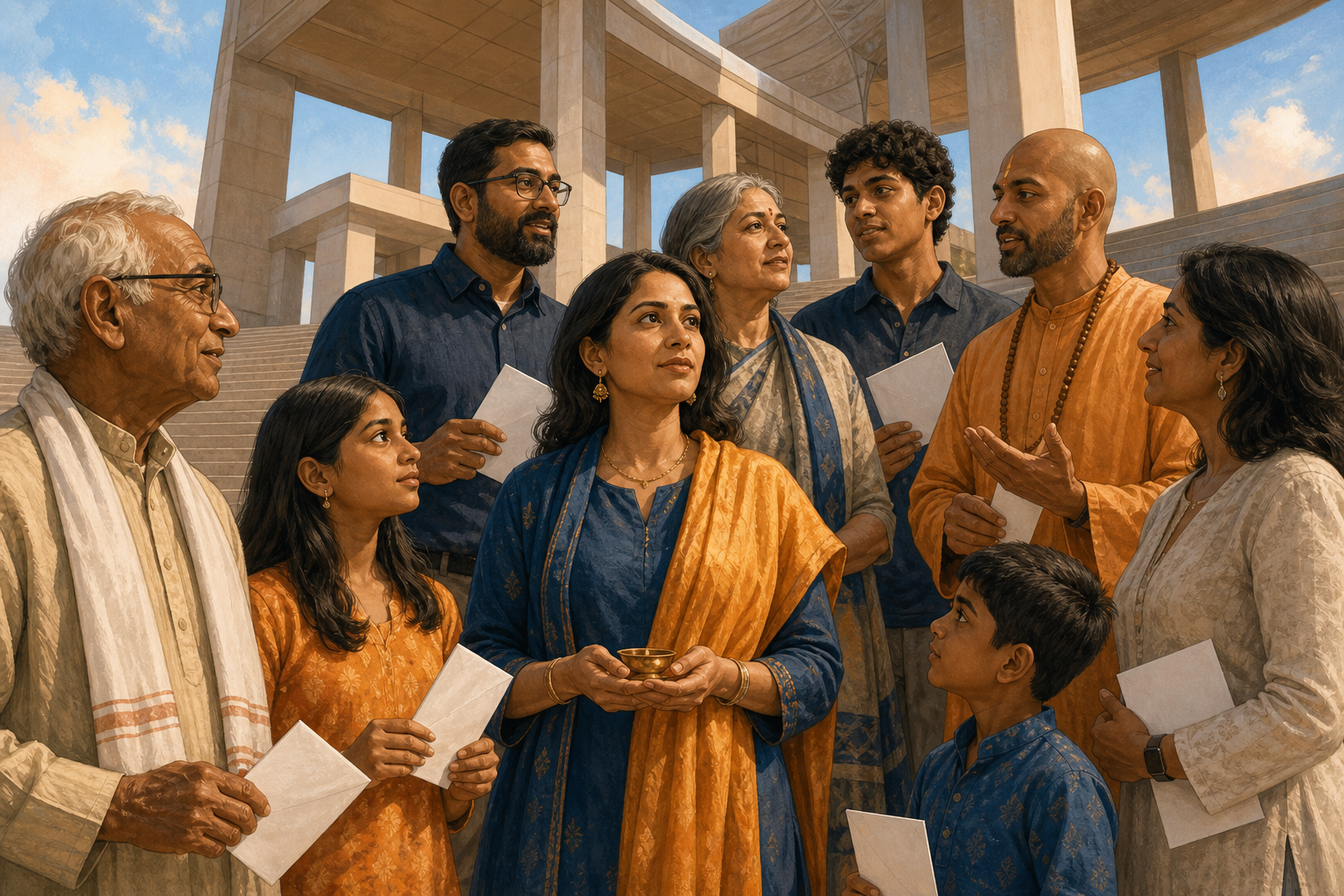 A multigenerational group of Hindu Americans stands on the steps of a civic building with a brass diya and plain voting envelopes.